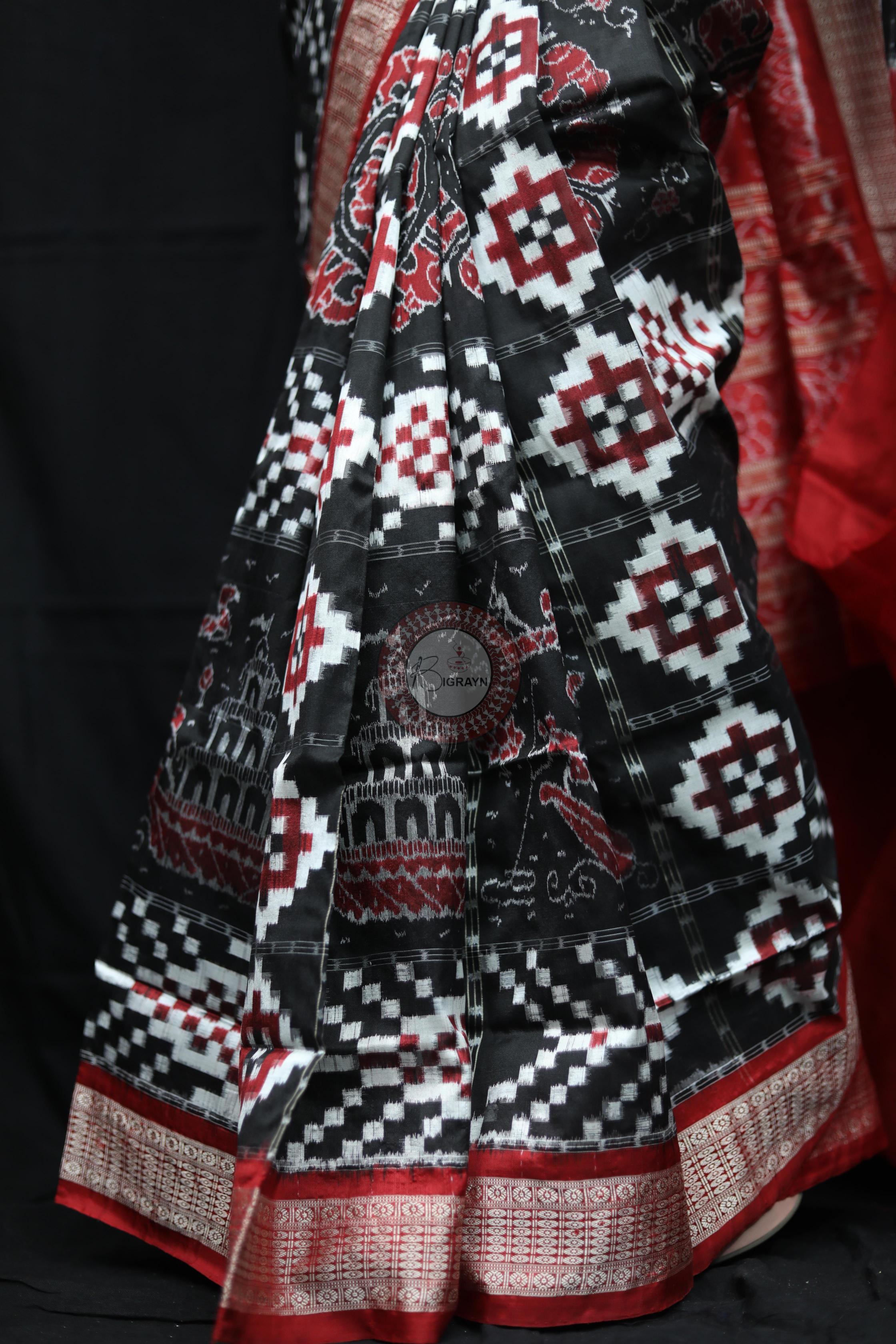Black Red Fish Pattern Pasapali Sambalpuri Silk Saree