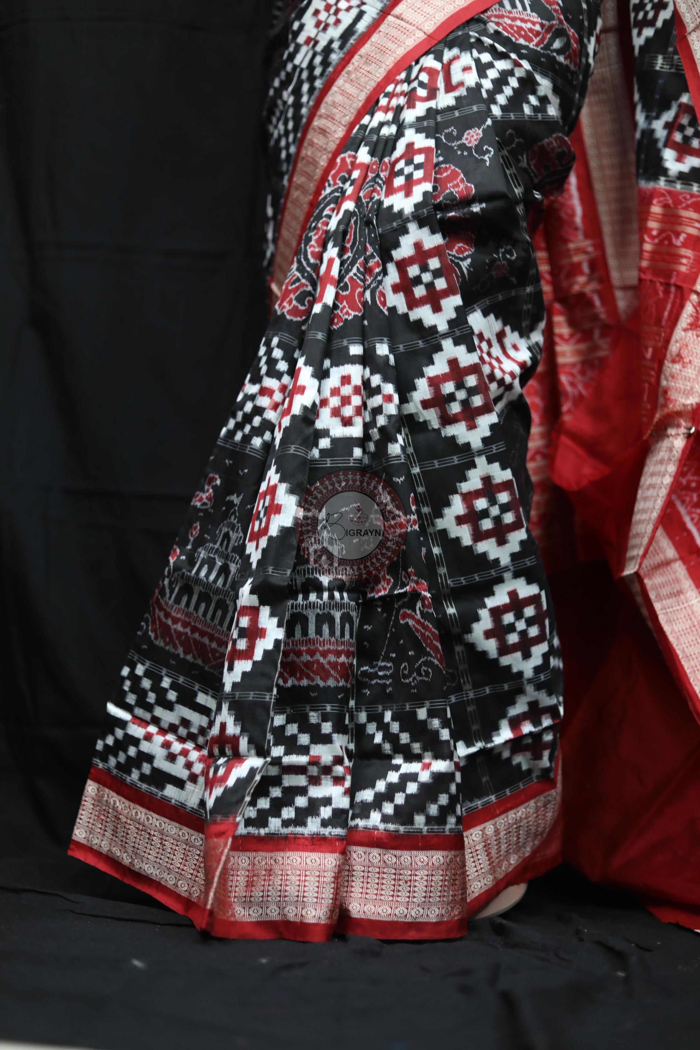 Black Red Fish Pattern Pasapali Sambalpuri Silk Saree