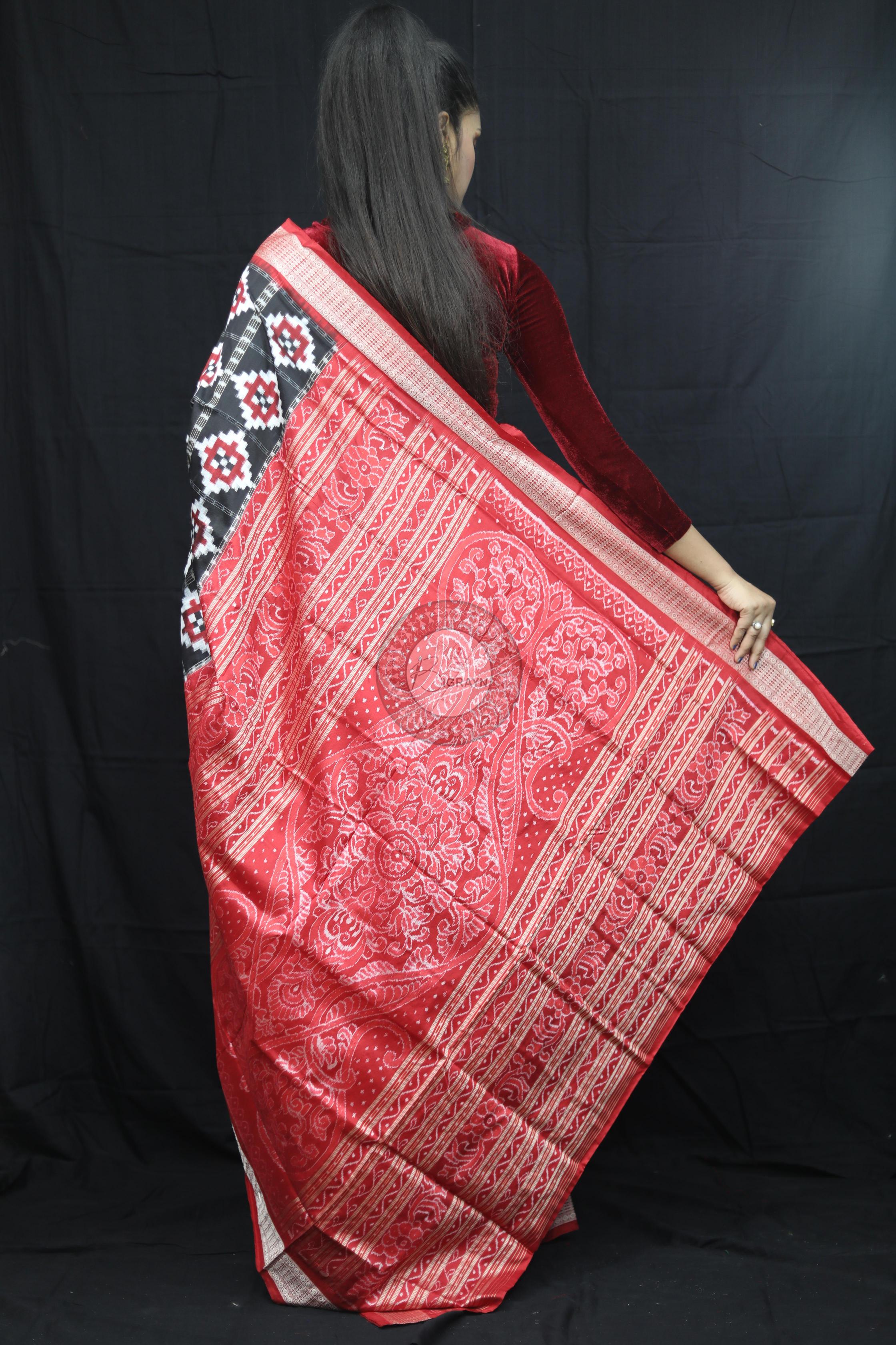Black Red Fish Pattern Pasapali Sambalpuri Silk Saree