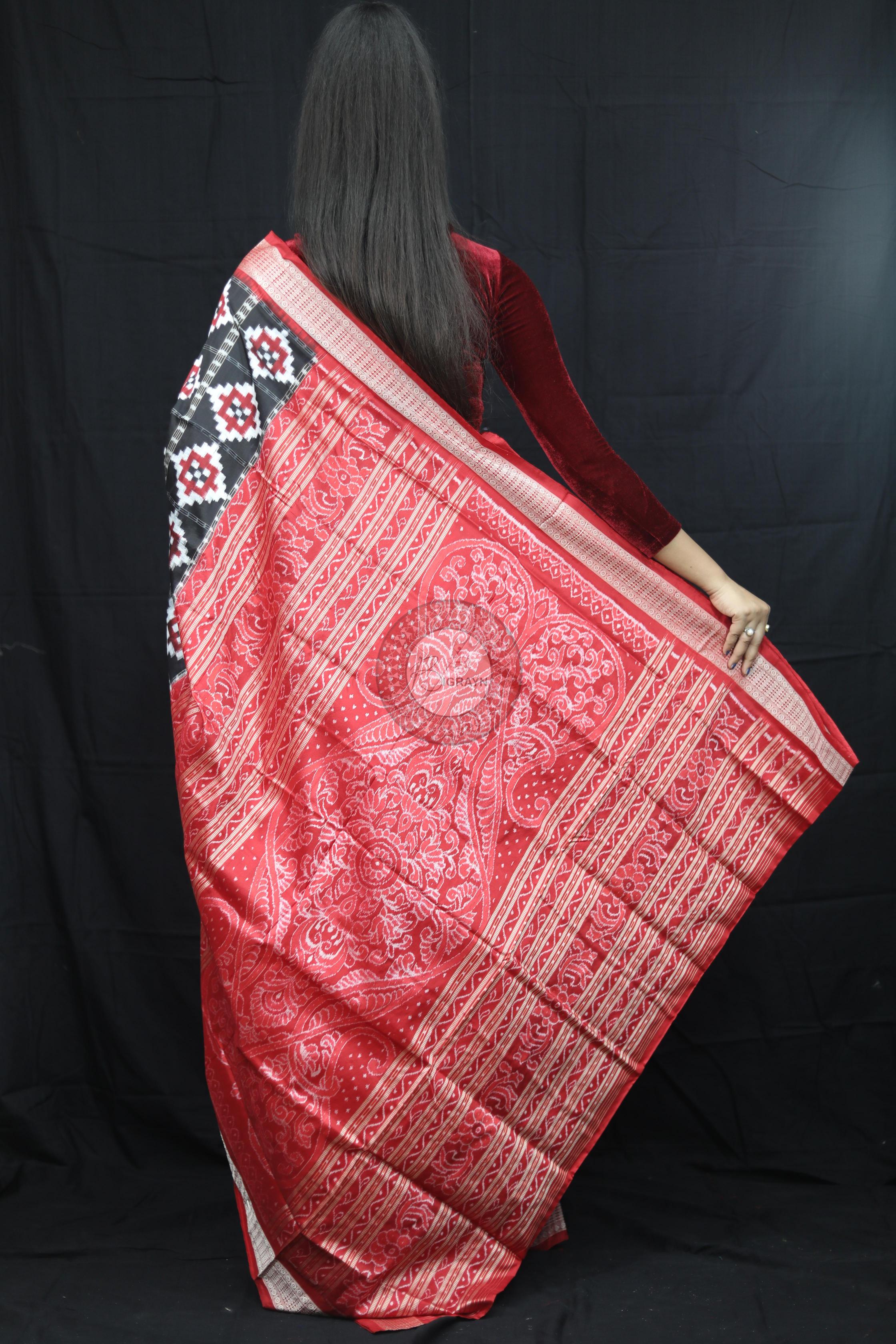 Black Red Fish Pattern Pasapali Sambalpuri Silk Saree