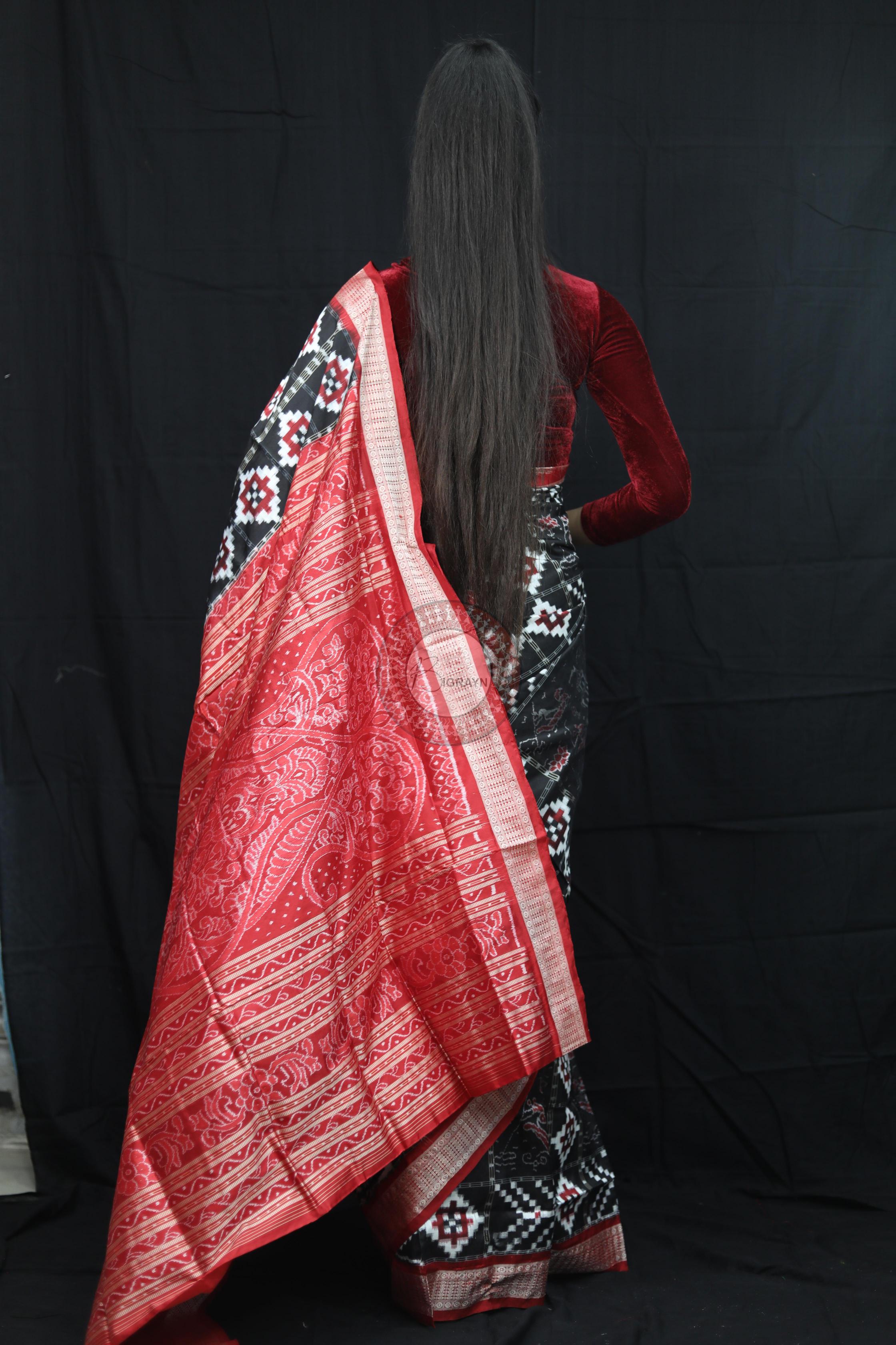 Black Red Fish Pattern Pasapali Sambalpuri Silk Saree