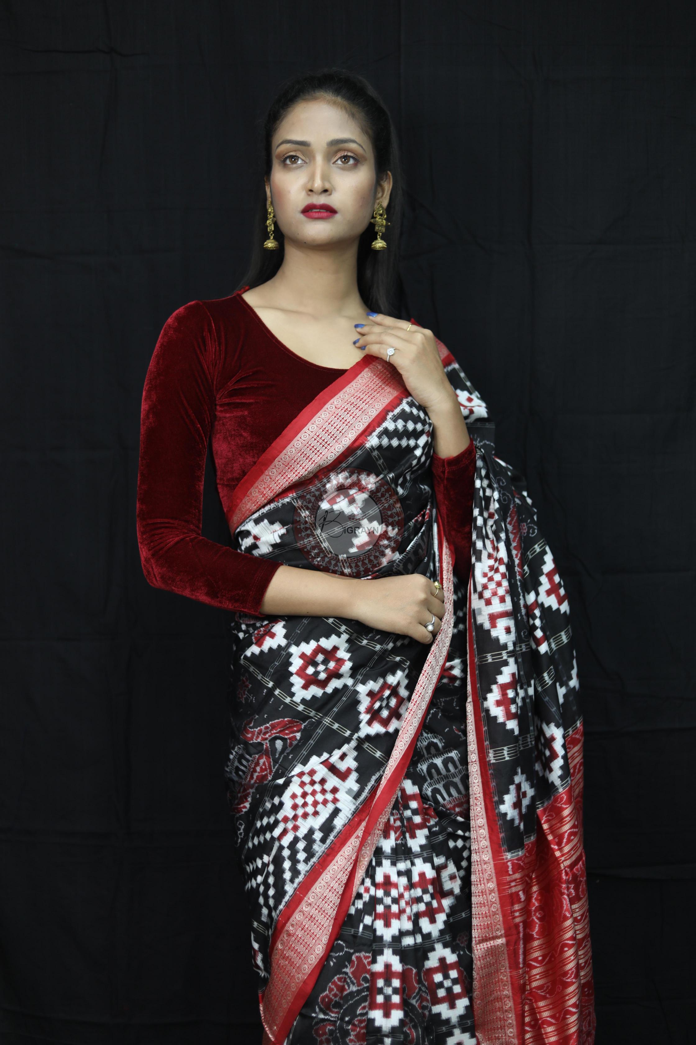 Black Red Fish Pattern Pasapali Sambalpuri Silk Saree