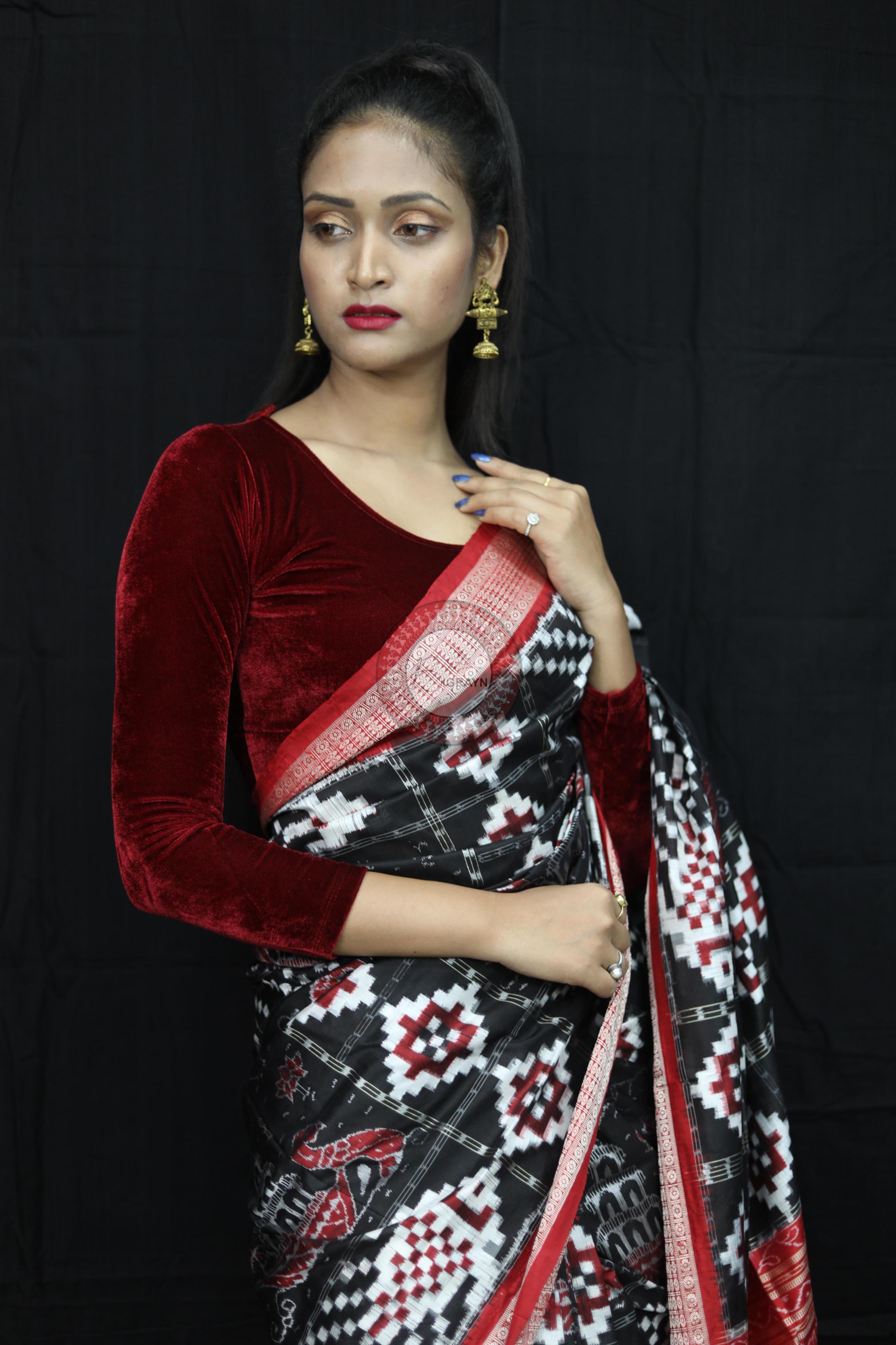 Black Red Fish Pattern Pasapali Sambalpuri Silk Saree