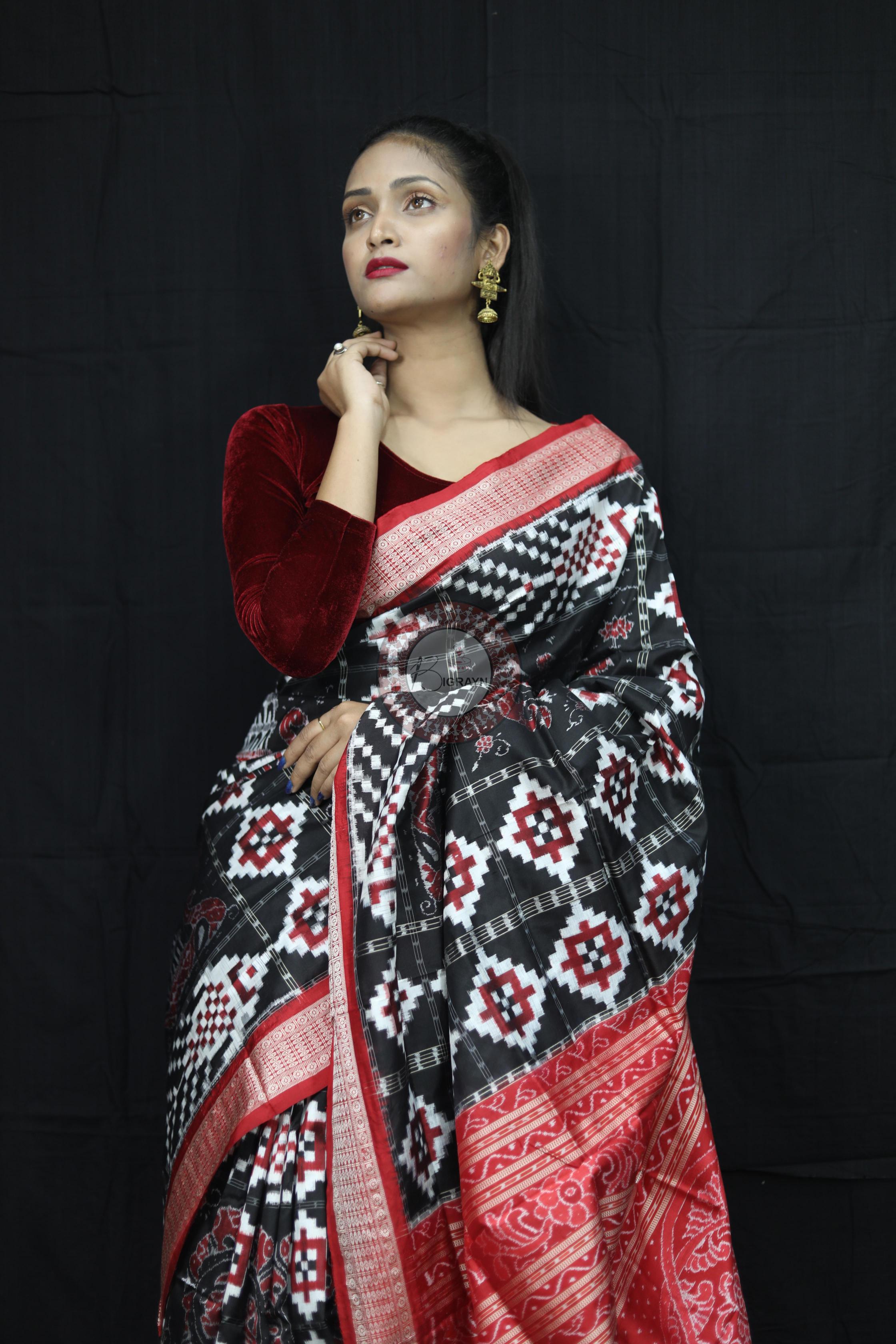 Black Red Fish Pattern Pasapali Sambalpuri Silk Saree