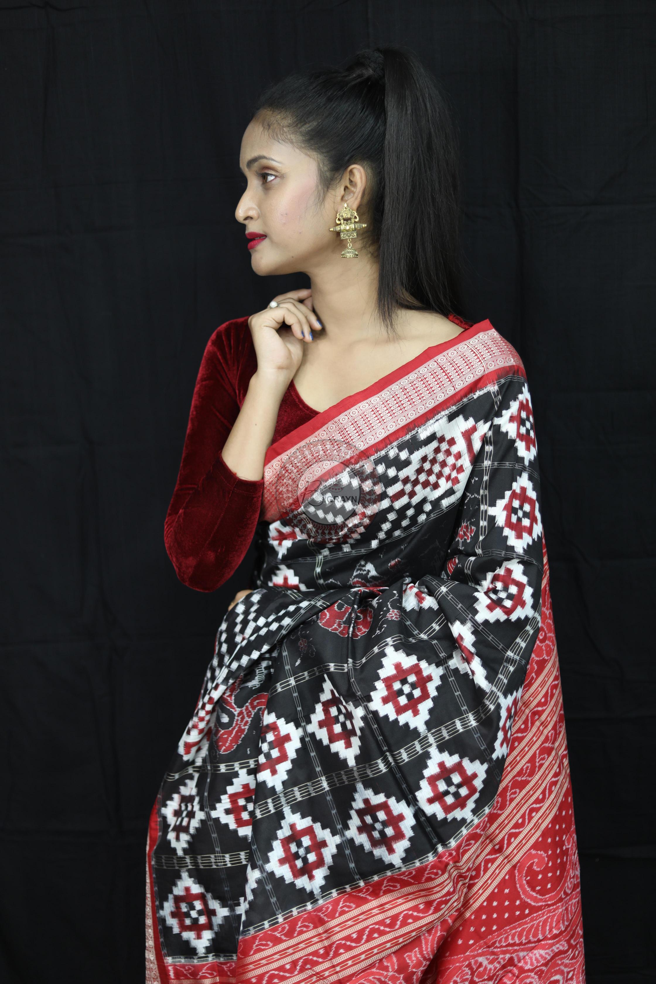 Black Red Fish Pattern Pasapali Sambalpuri Silk Saree
