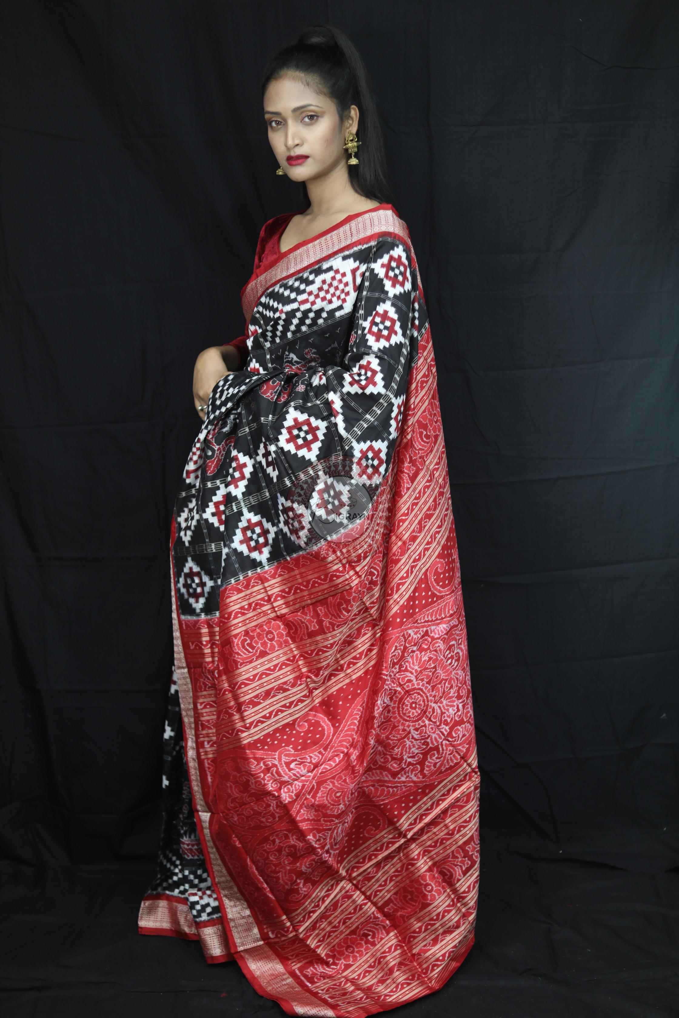 Black Red Fish Pattern Pasapali Sambalpuri Silk Saree