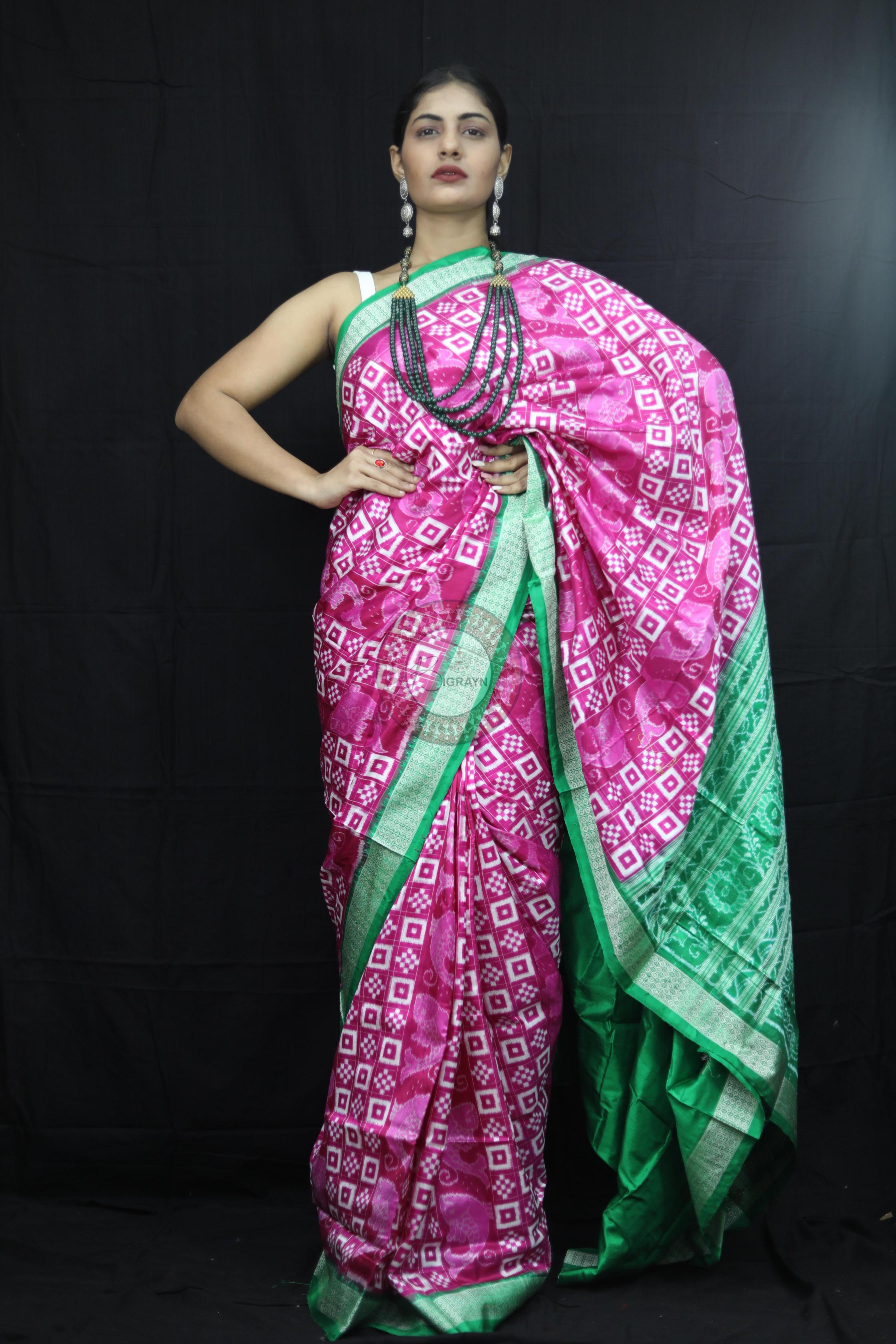 Pink Green Pasapali Sambalpuri Silk Saree