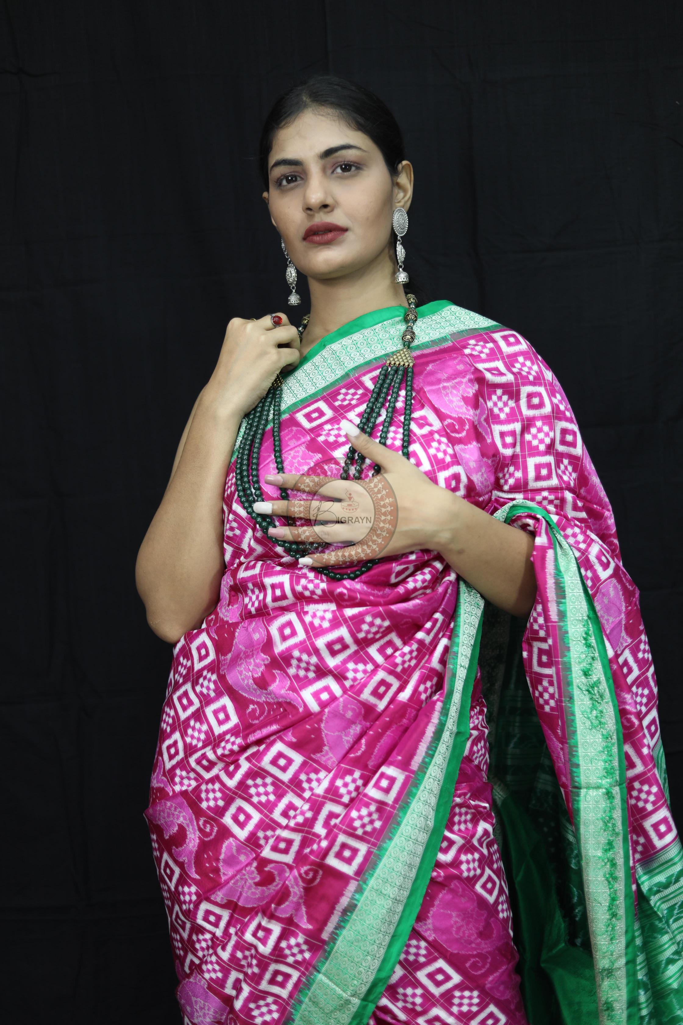 Pink Green Pasapali Sambalpuri Silk Saree