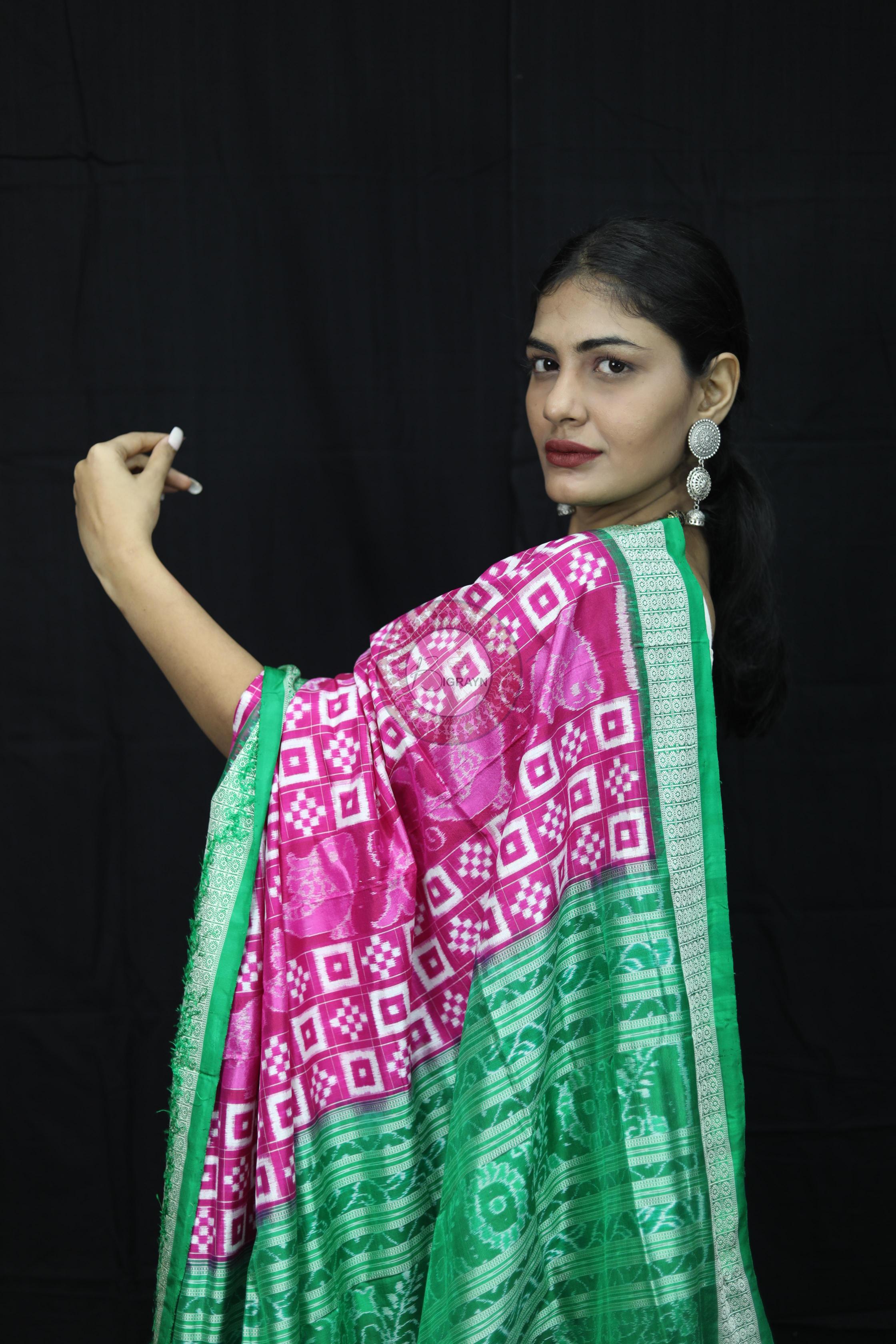 Pink Green Pasapali Sambalpuri Silk Saree