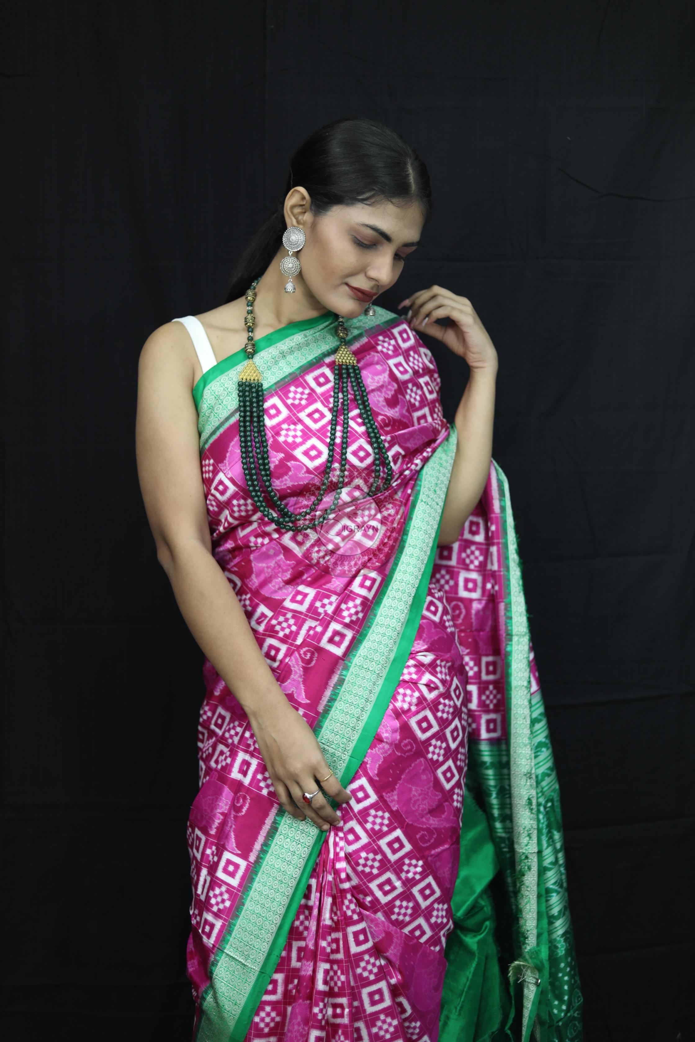 Pink Green Pasapali Sambalpuri Silk Saree