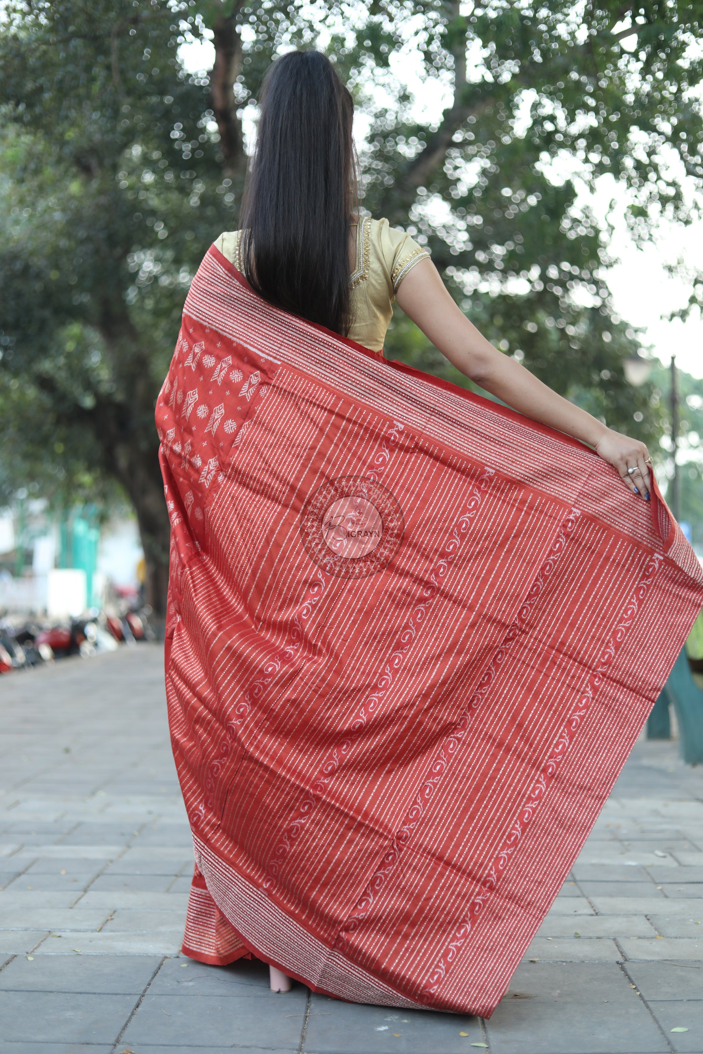 Brick Red Fish Natural Dye Sambalpuri Silk Saree
