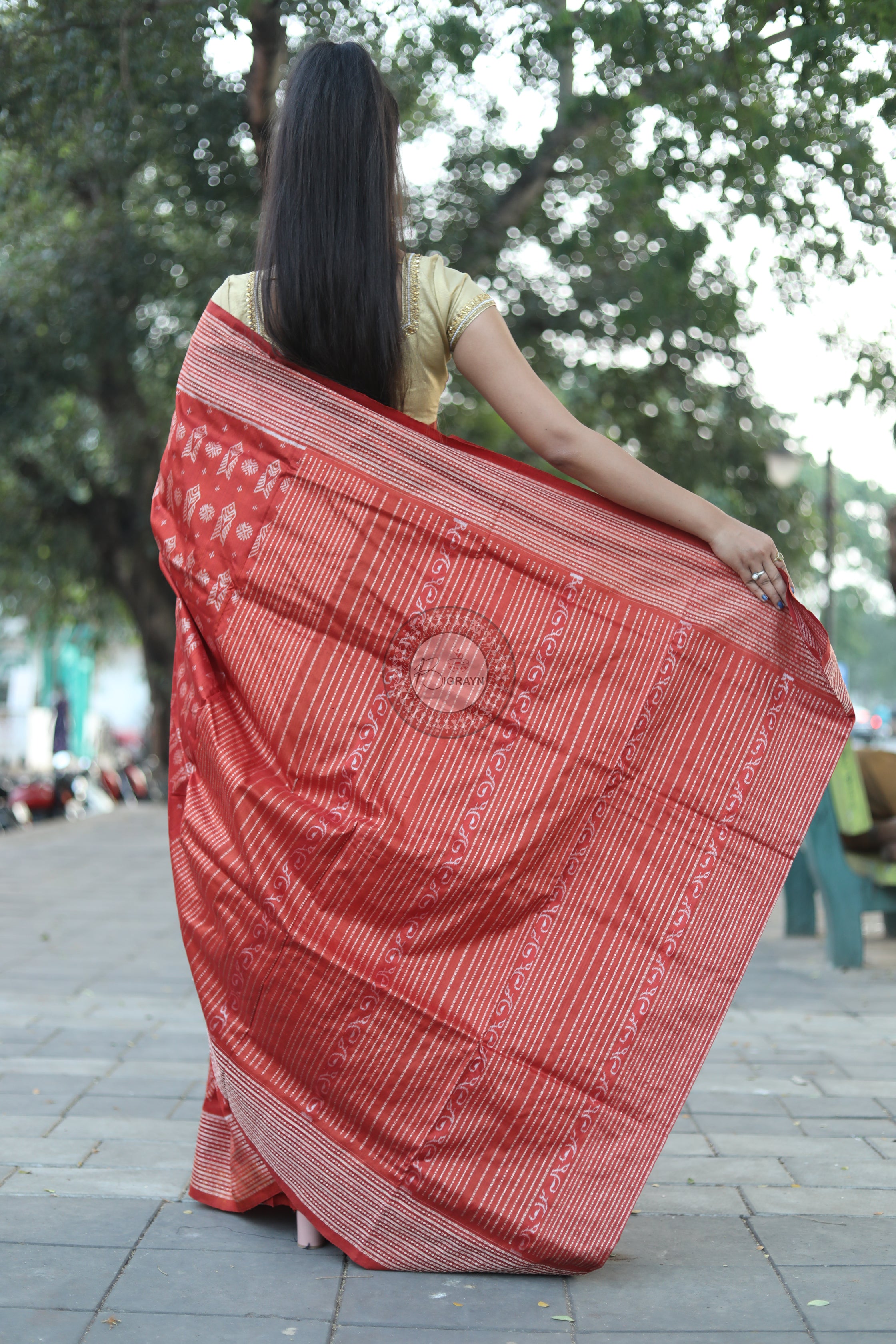 Brick Red Fish Natural Dye Sambalpuri Silk Saree
