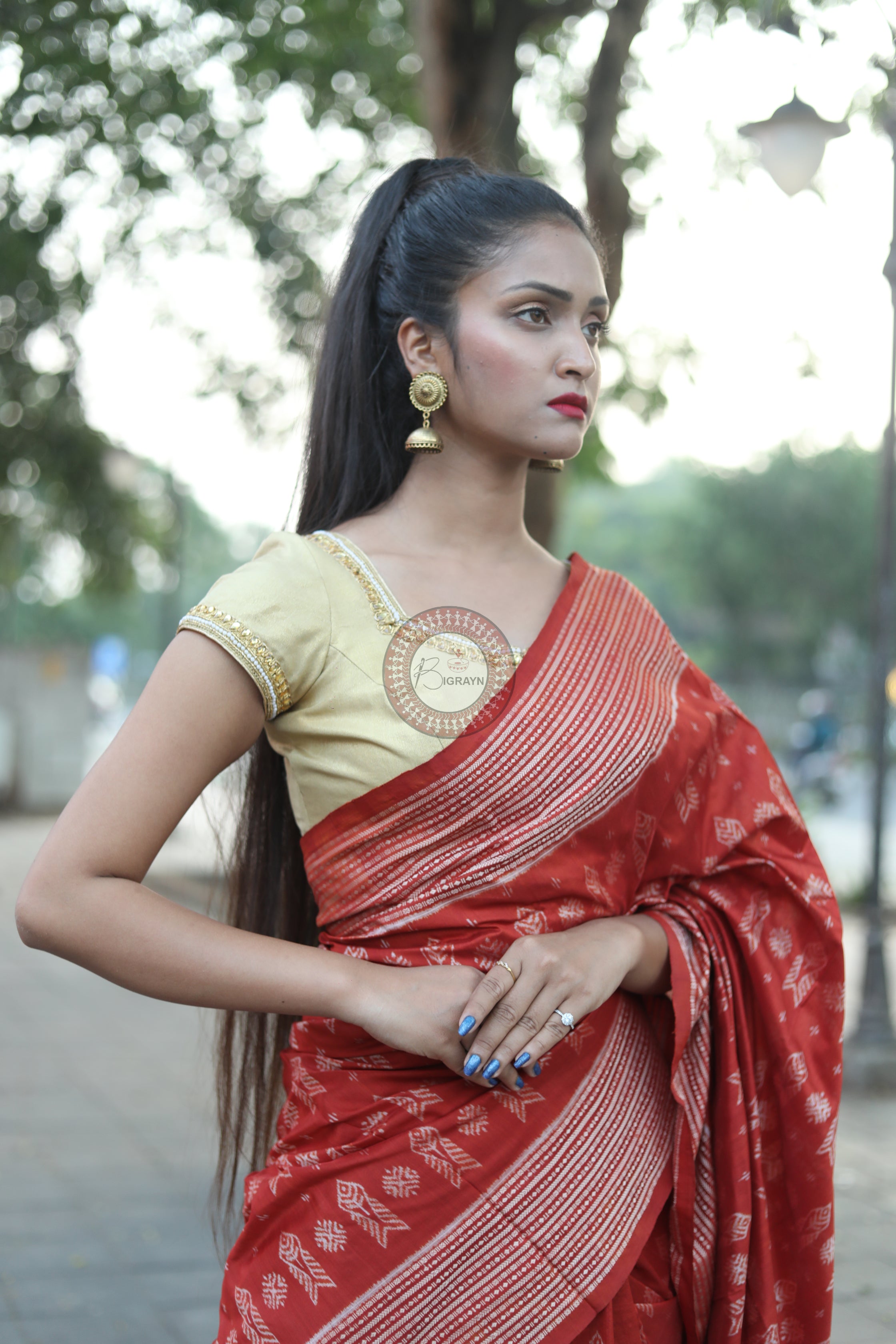 Brick Red Fish Natural Dye Sambalpuri Silk Saree