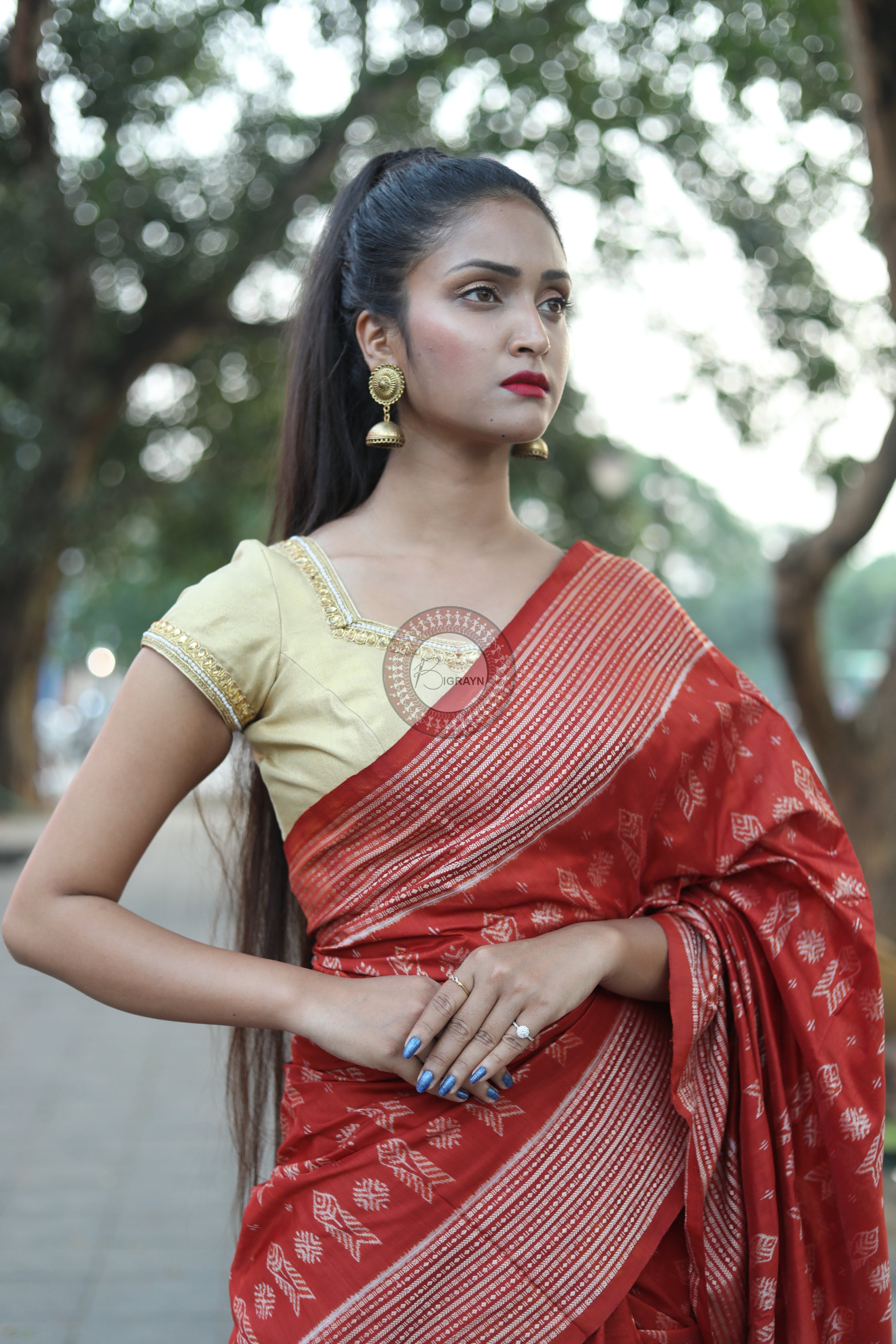 Brick Red Fish Natural Dye Sambalpuri Silk Saree