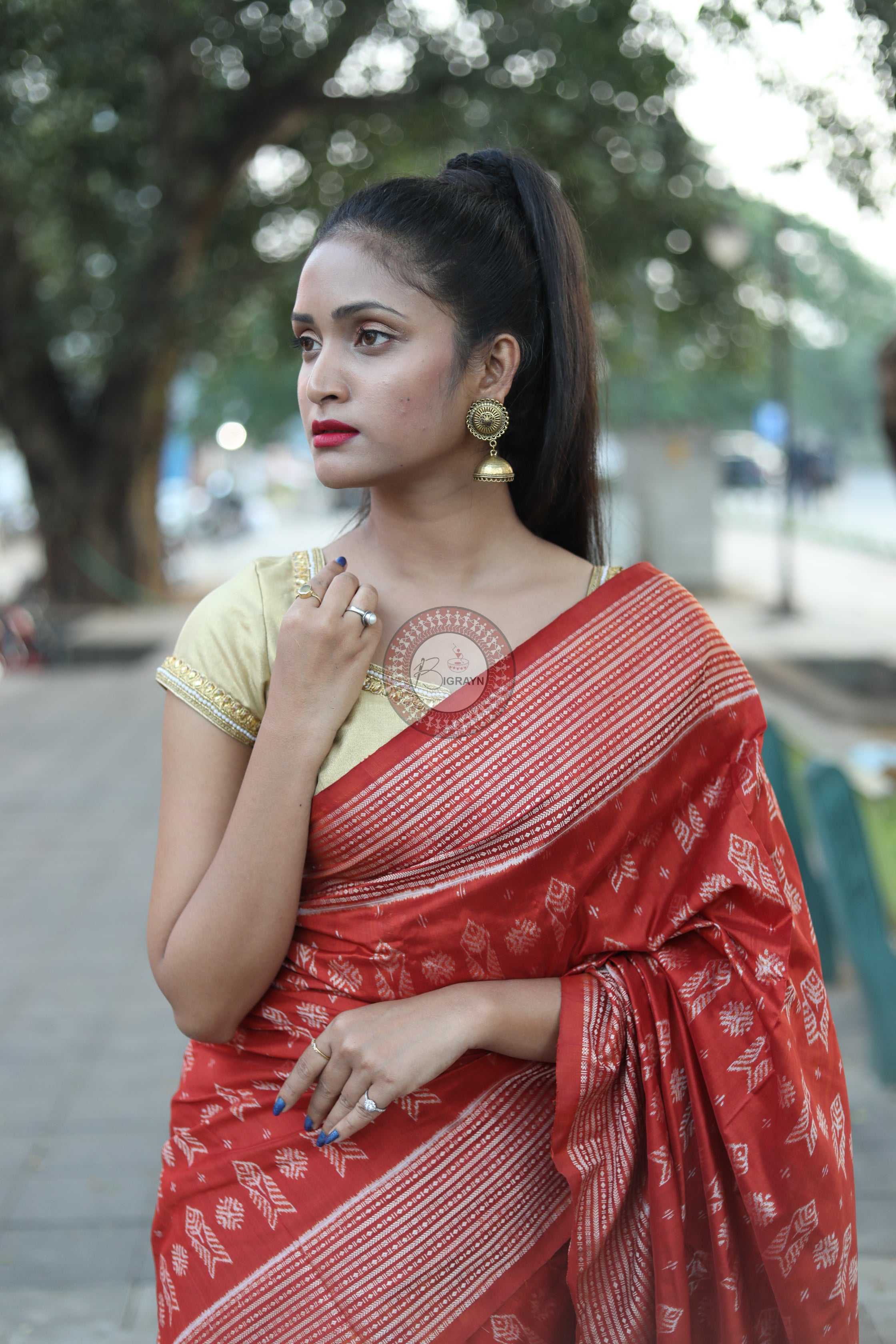Brick Red Fish Natural Dye Sambalpuri Silk Saree