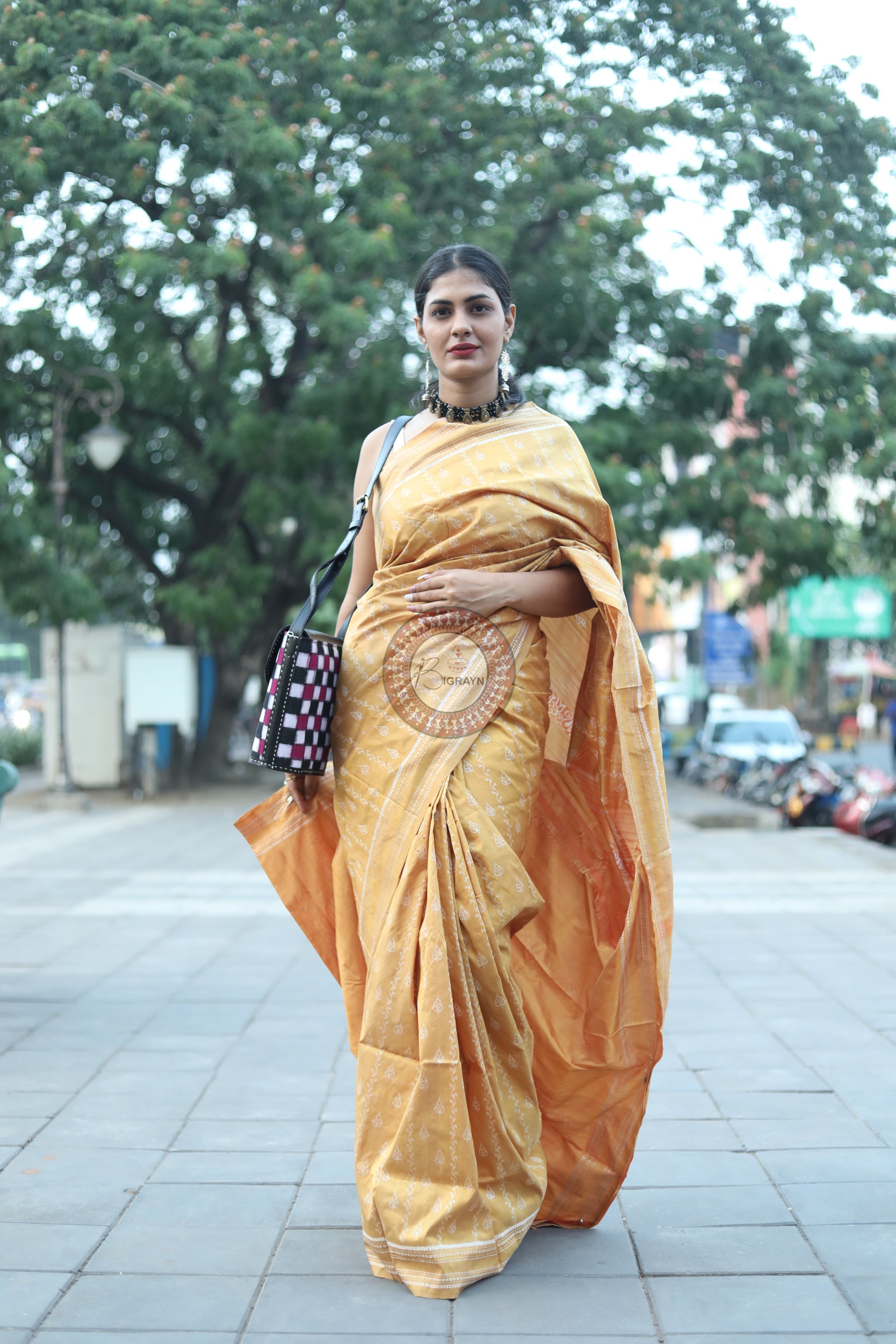 Pastel Yellow Leaves Natural Dye Sambalpuri Silk Saree