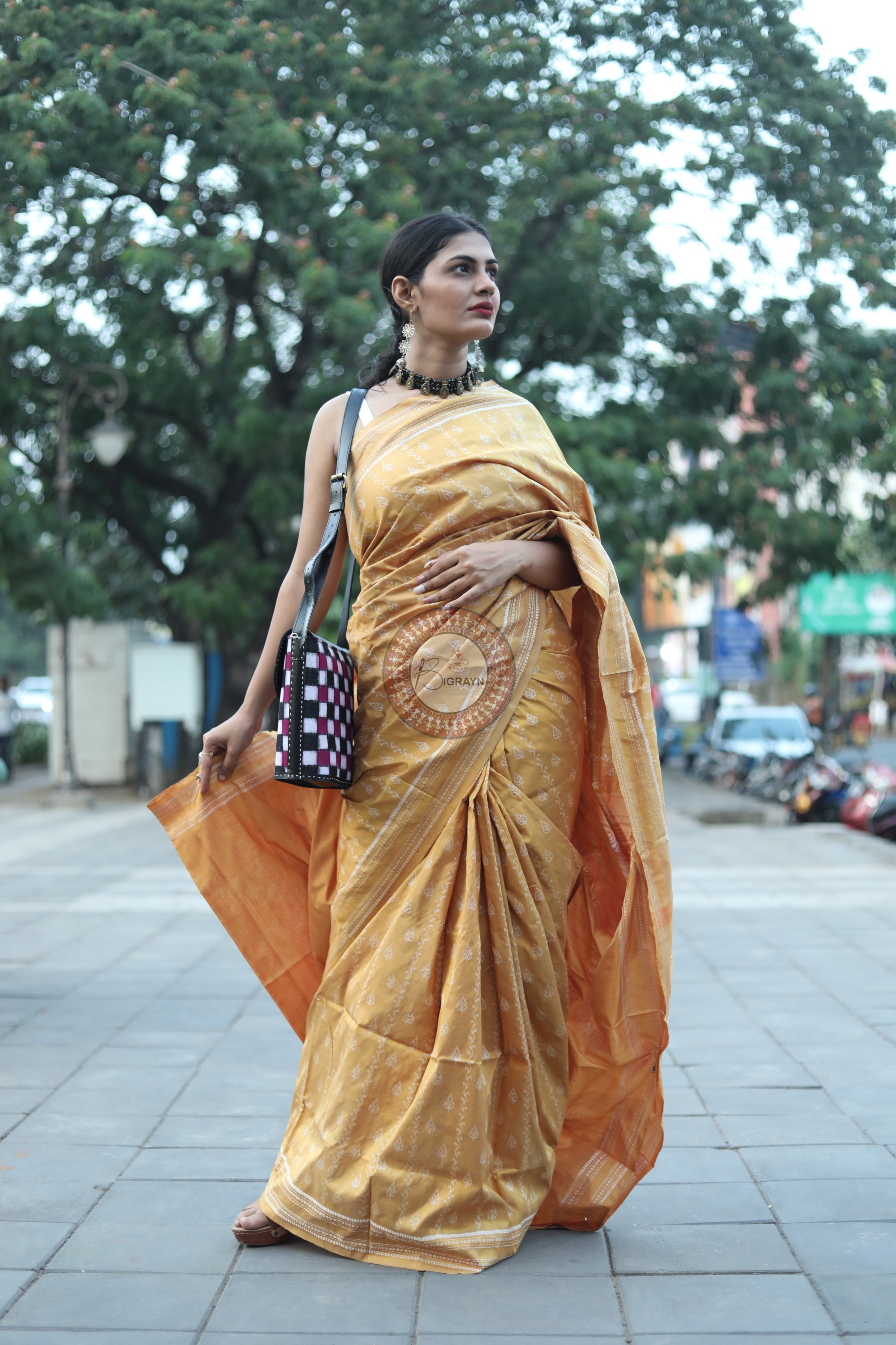 Pastel Yellow Leaves Natural Dye Sambalpuri Silk Saree