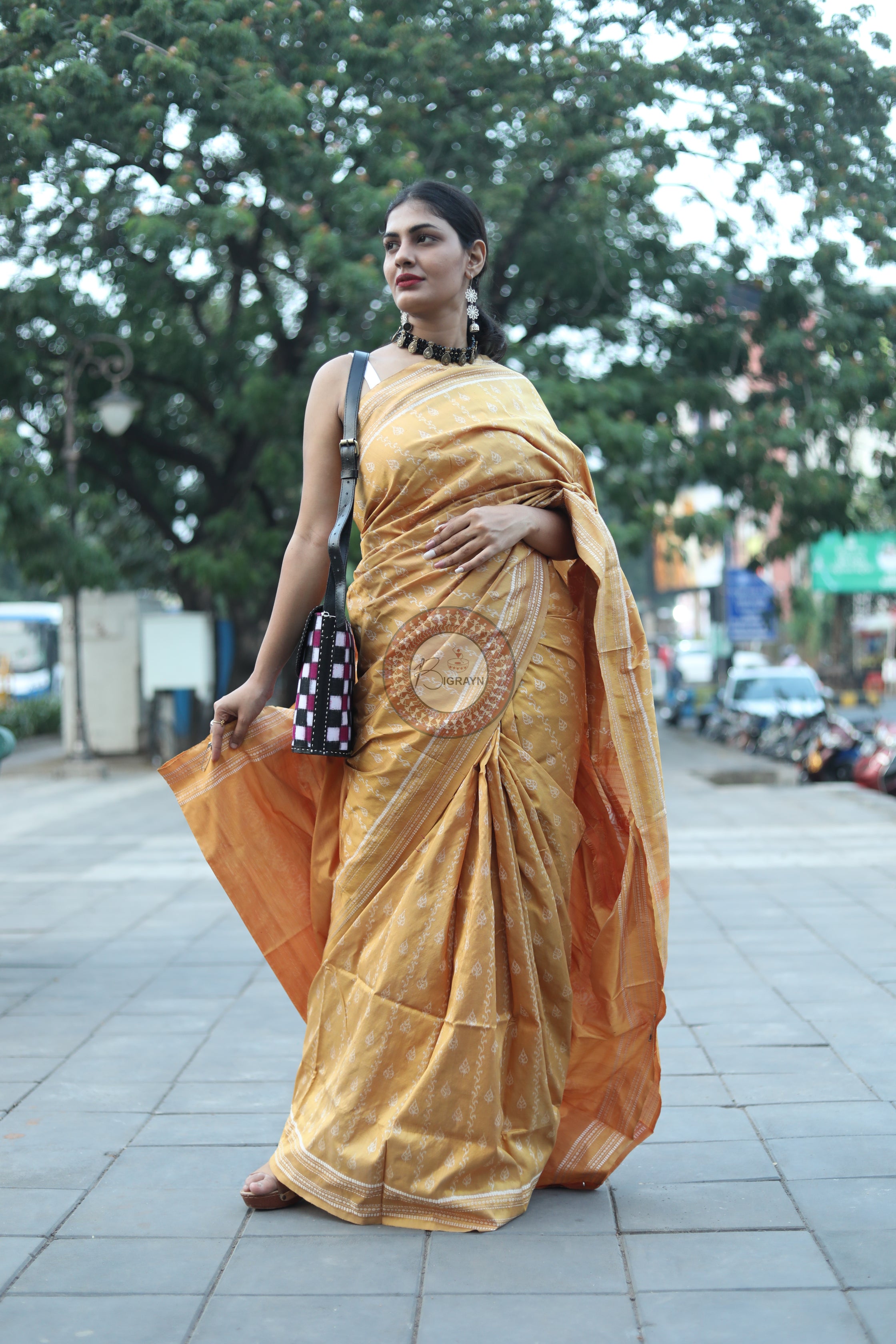 Pastel Yellow Leaves Natural Dye Sambalpuri Silk Saree