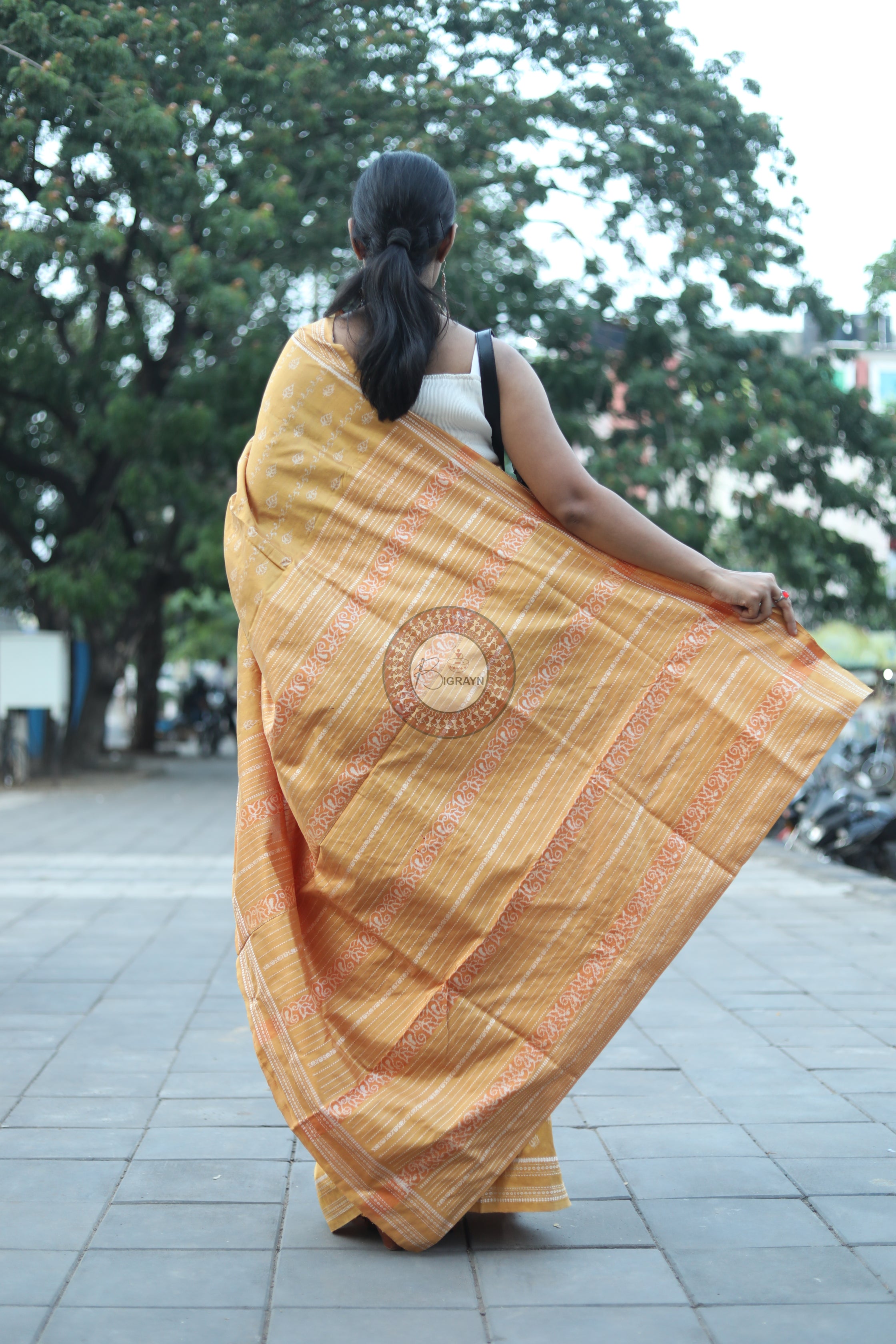 Pastel Yellow Leaves Natural Dye Sambalpuri Silk Saree