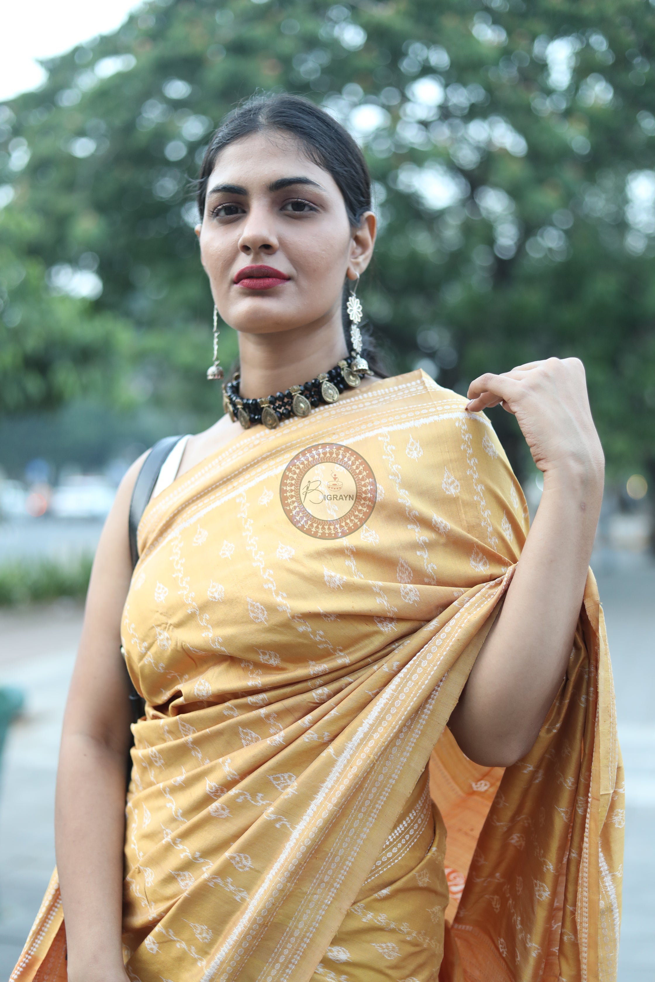 Pastel Yellow Leaves Natural Dye Sambalpuri Silk Saree