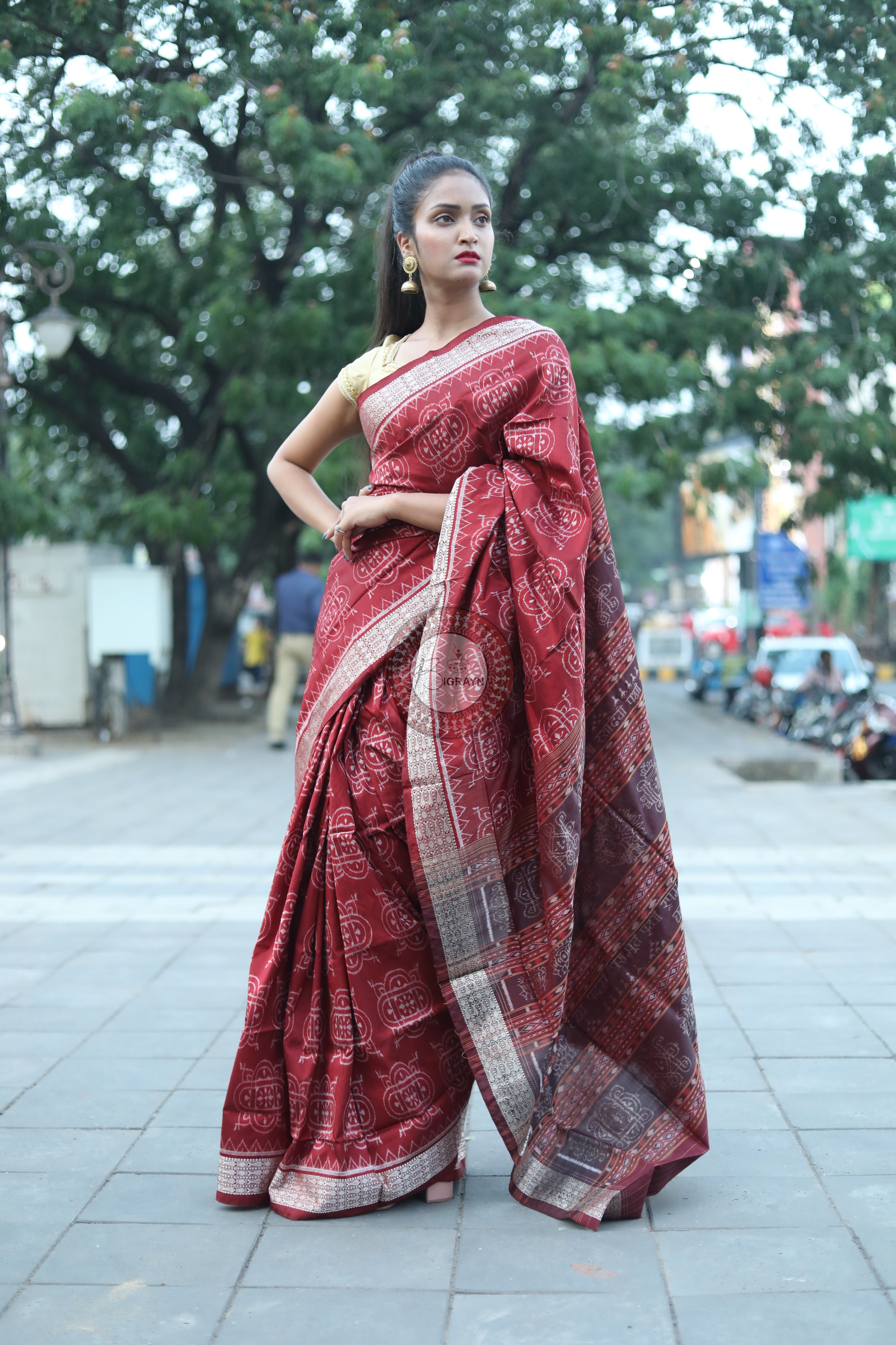 Maroon Laxmi Yantra Natural Dye Saree