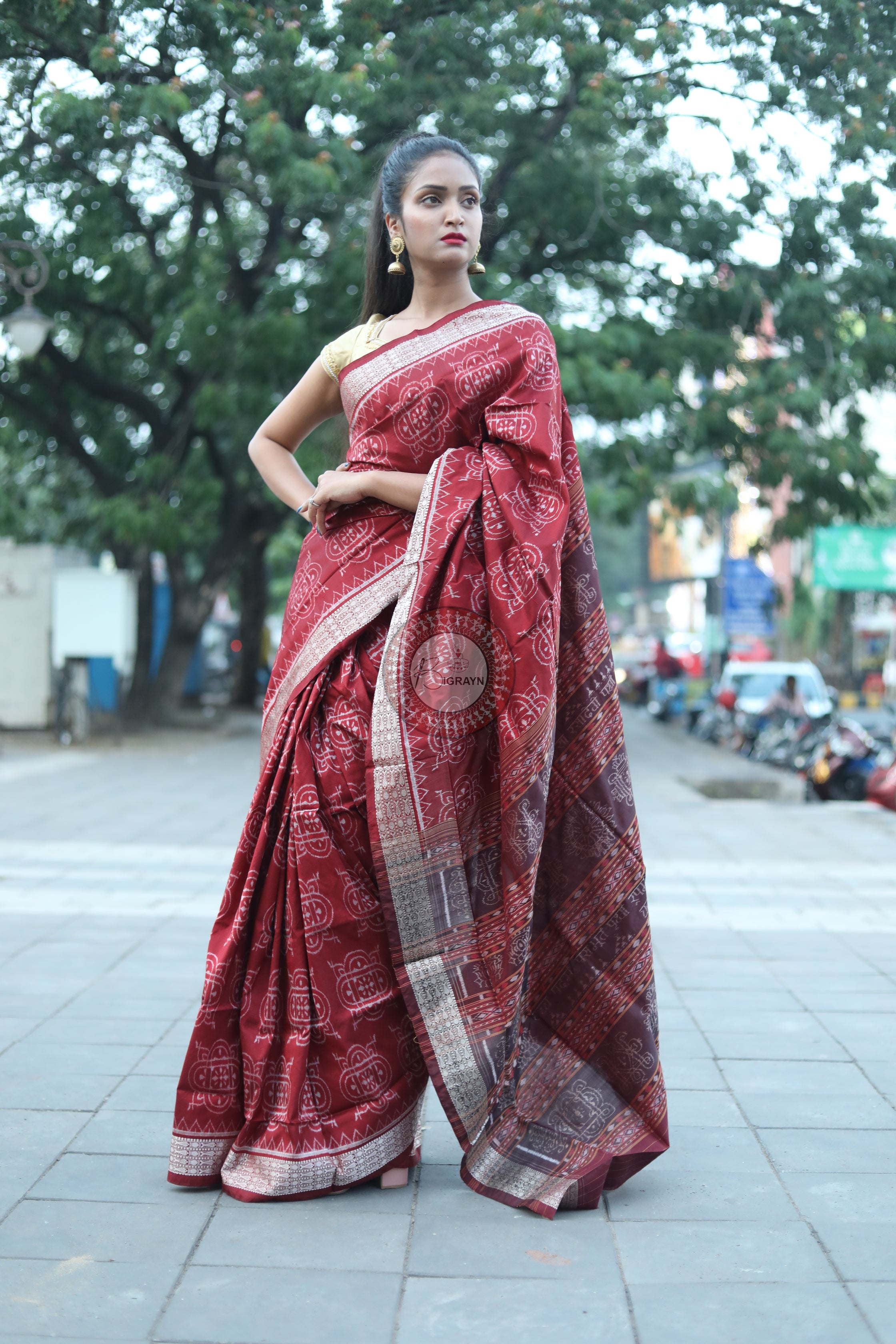 Maroon Laxmi Yantra Natural Dye Saree