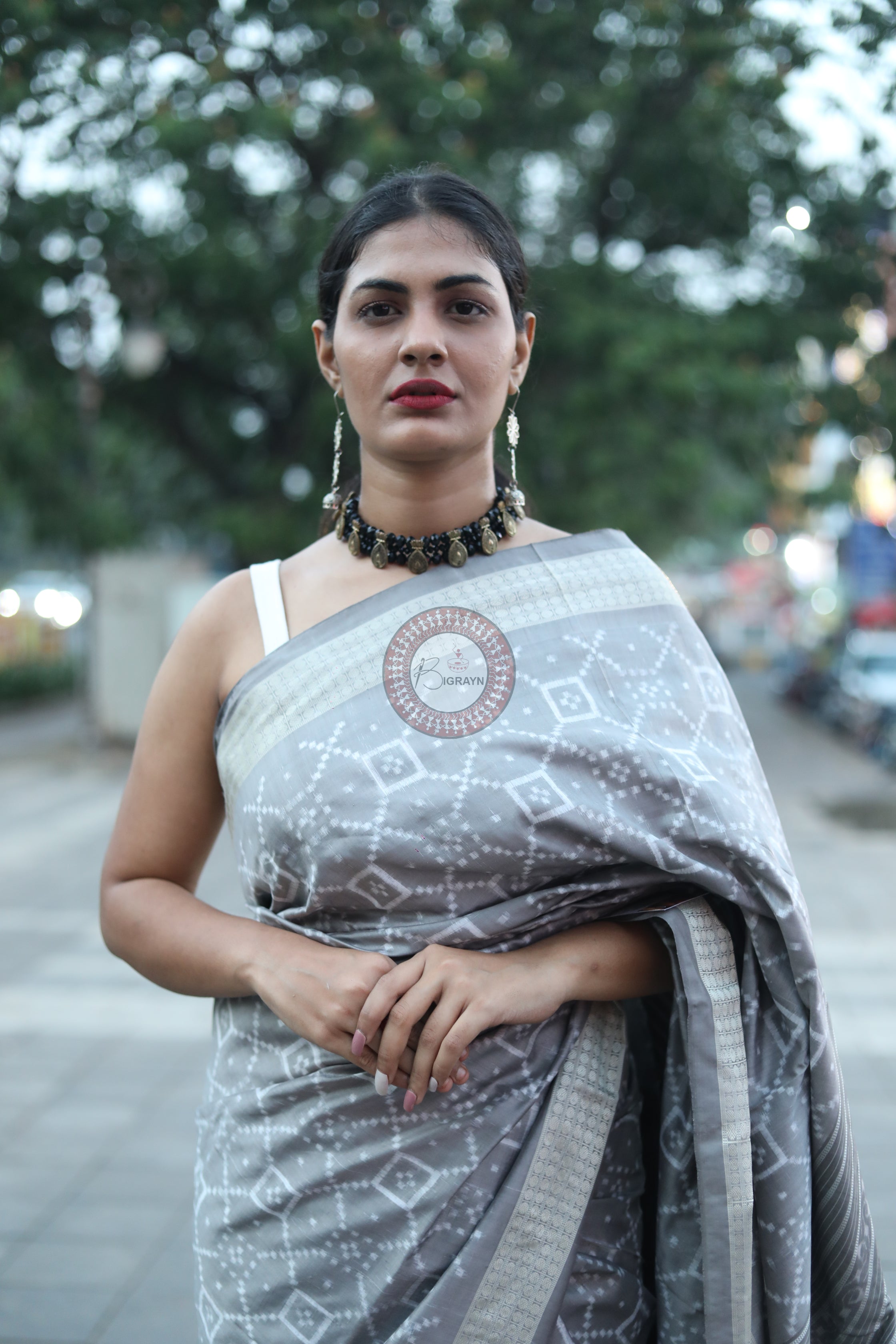Grey Pasapali Natural Dye Sambalpuri Silk Saree