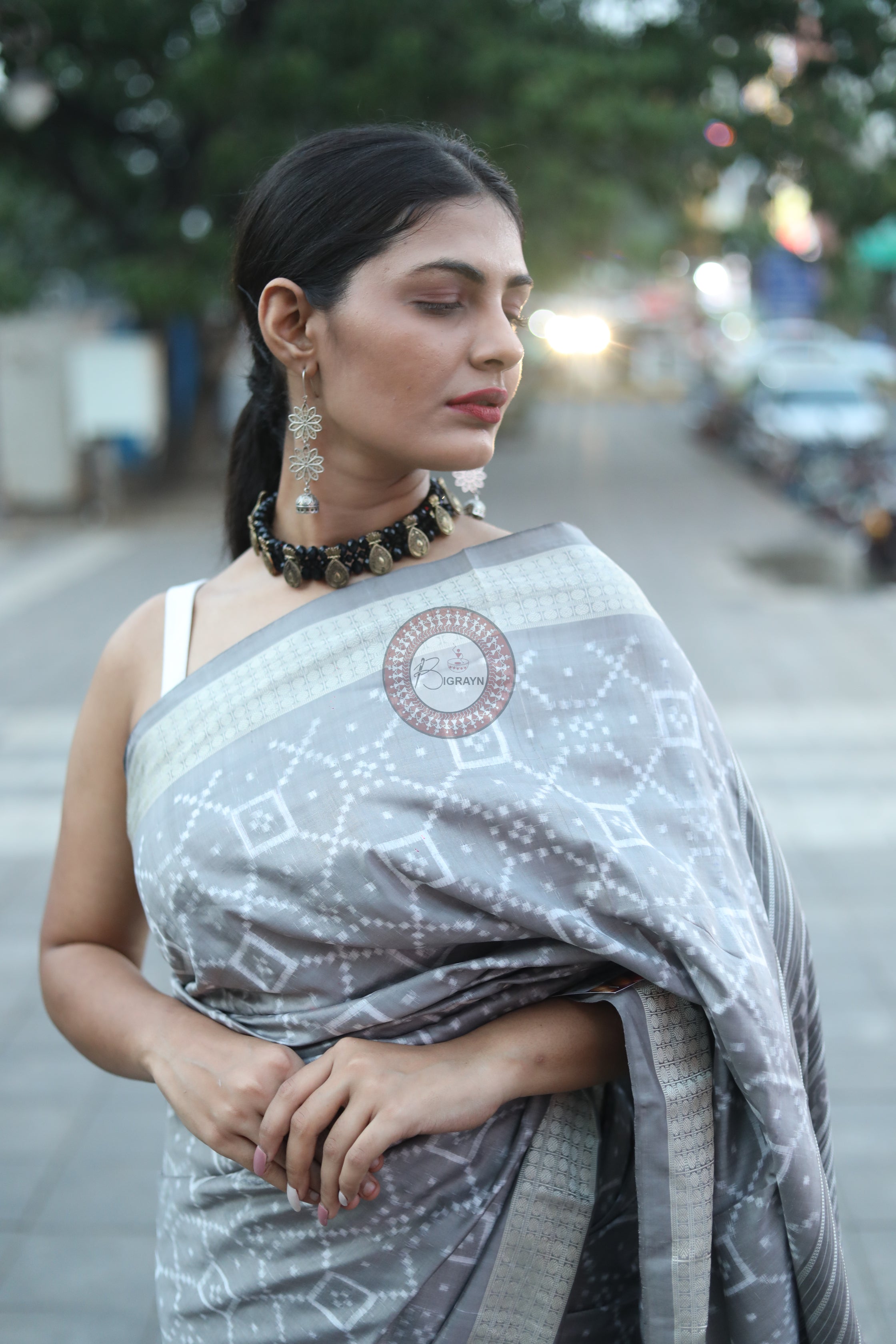 Grey Pasapali Natural Dye Sambalpuri Silk Saree