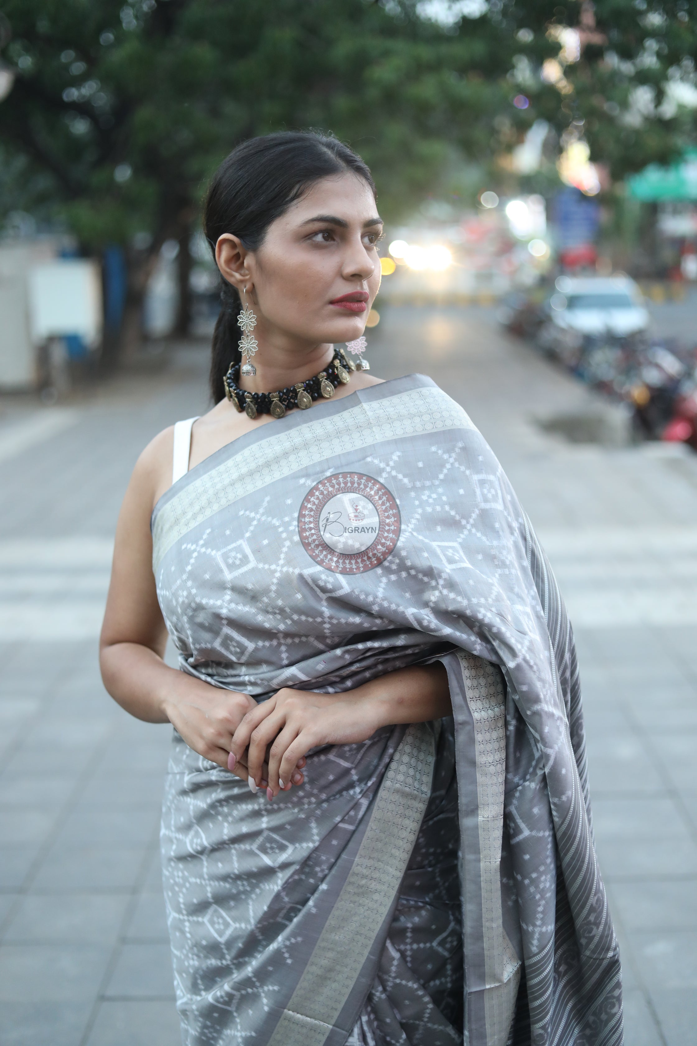 Grey Pasapali Natural Dye Sambalpuri Silk Saree
