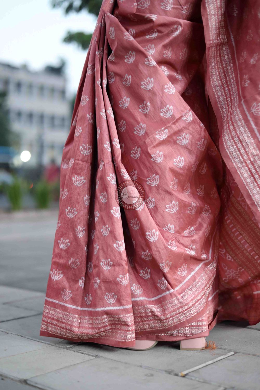 Peach Pink Lotus Design Natural Dye Sambalpuri Silk Saree