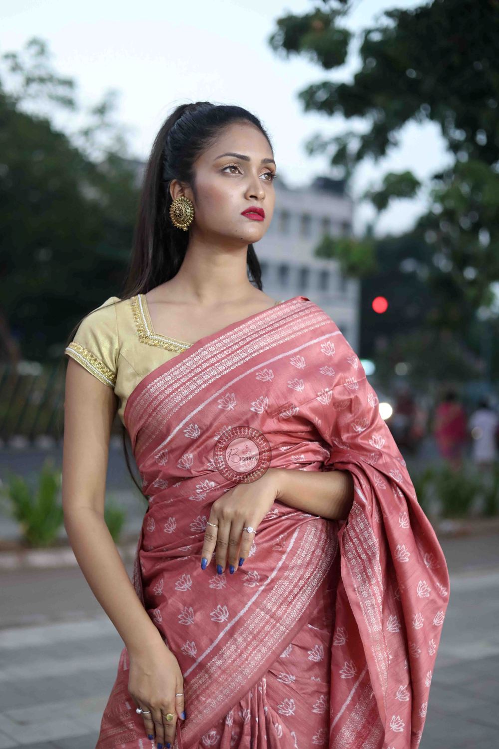 Peach Pink Lotus Design Natural Dye Sambalpuri Silk Saree