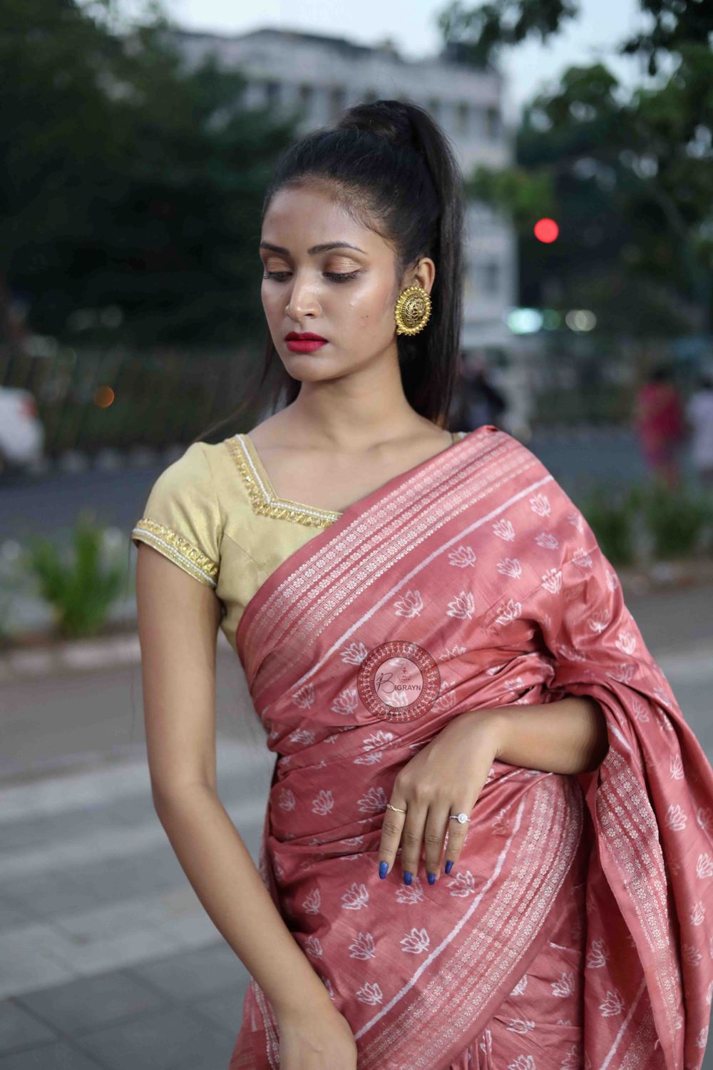 Peach Pink Lotus Design Natural Dye Sambalpuri Silk Saree