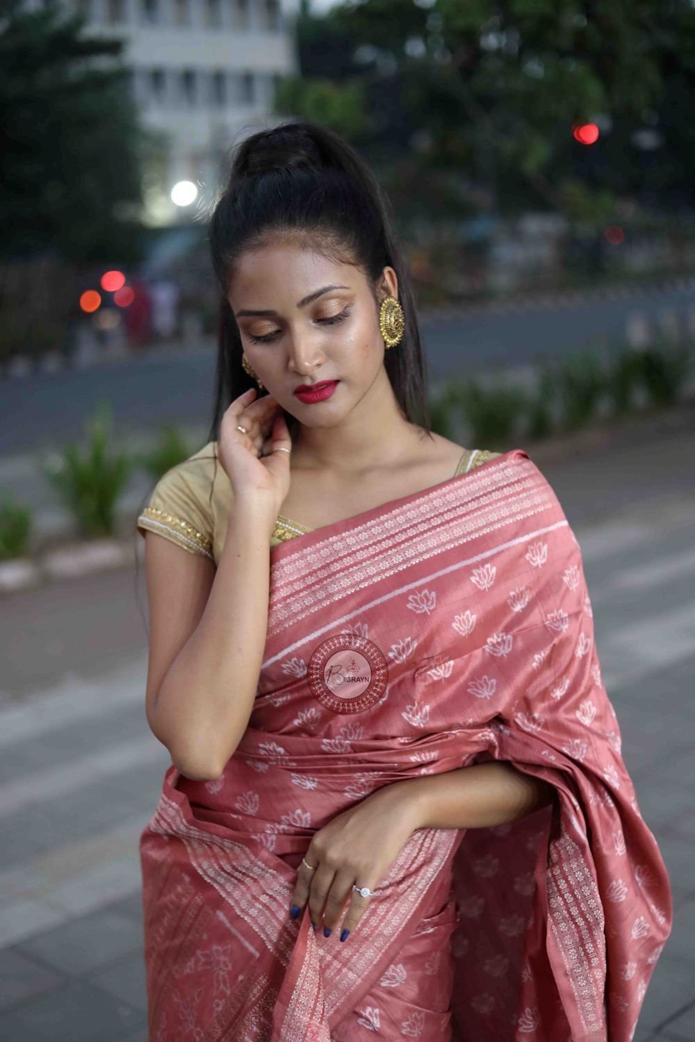 Peach Pink Lotus Design Natural Dye Sambalpuri Silk Saree