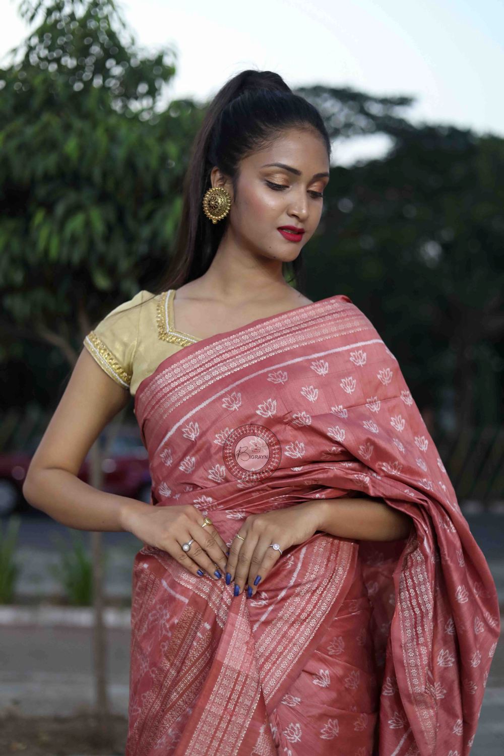 Peach Pink Lotus Design Natural Dye Sambalpuri Silk Saree