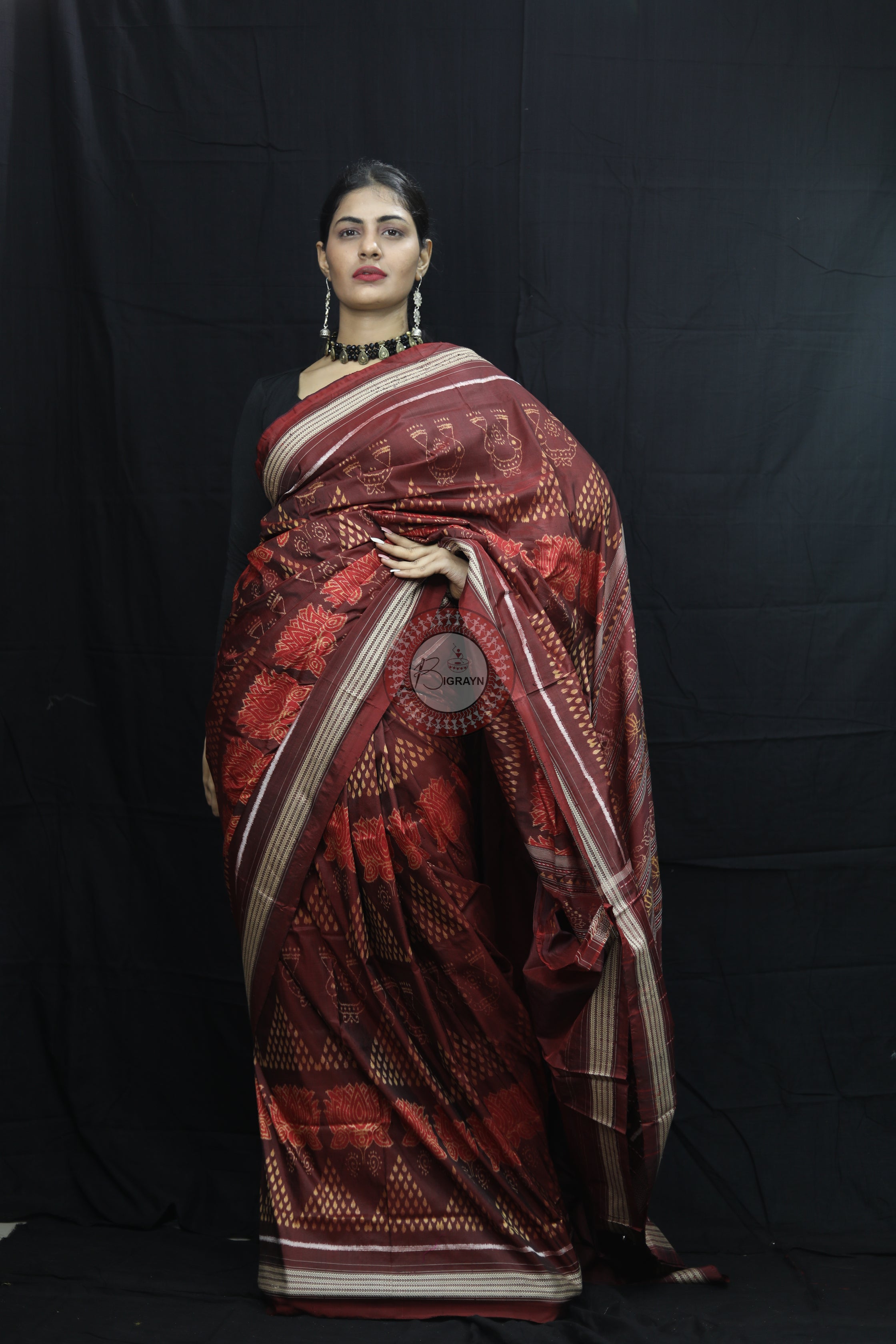 Brick Red Laxmi Pada Chitta Natural Dye Sambalpuri Silk Saree