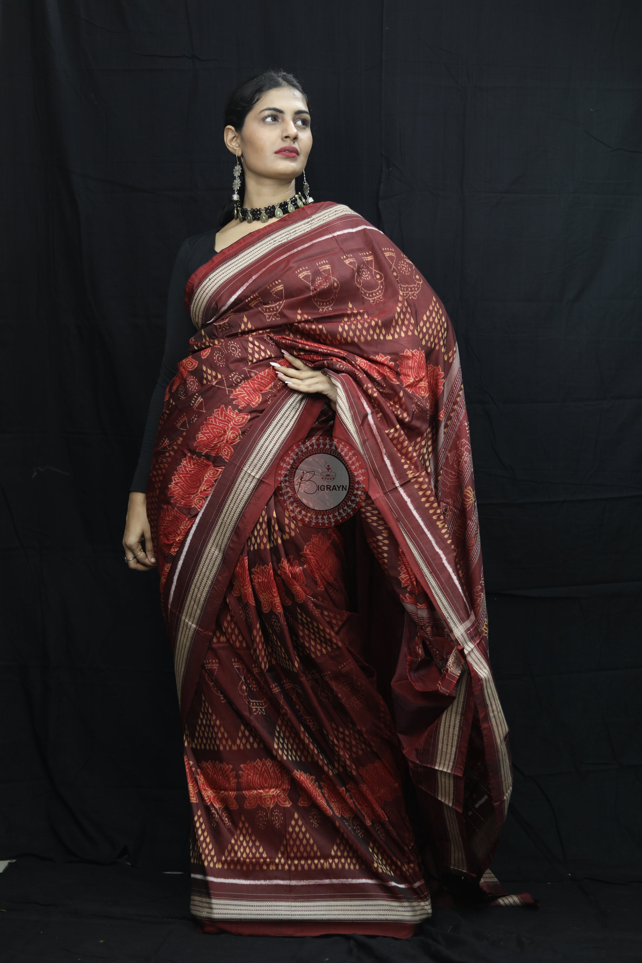 Brick Red Laxmi Pada Chitta Natural Dye Sambalpuri Silk Saree