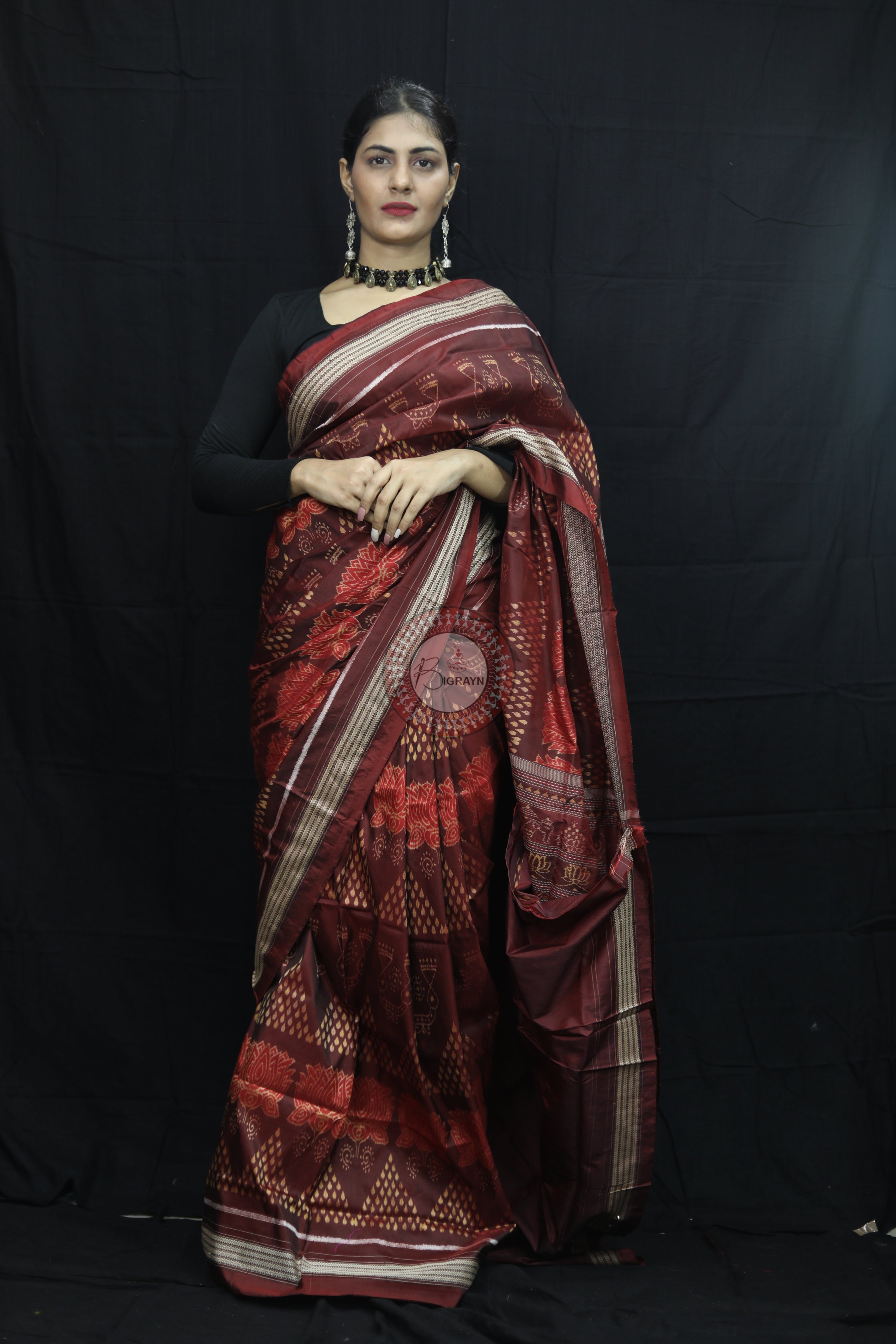 Brick Red Laxmi Pada Chitta Natural Dye Sambalpuri Silk Saree