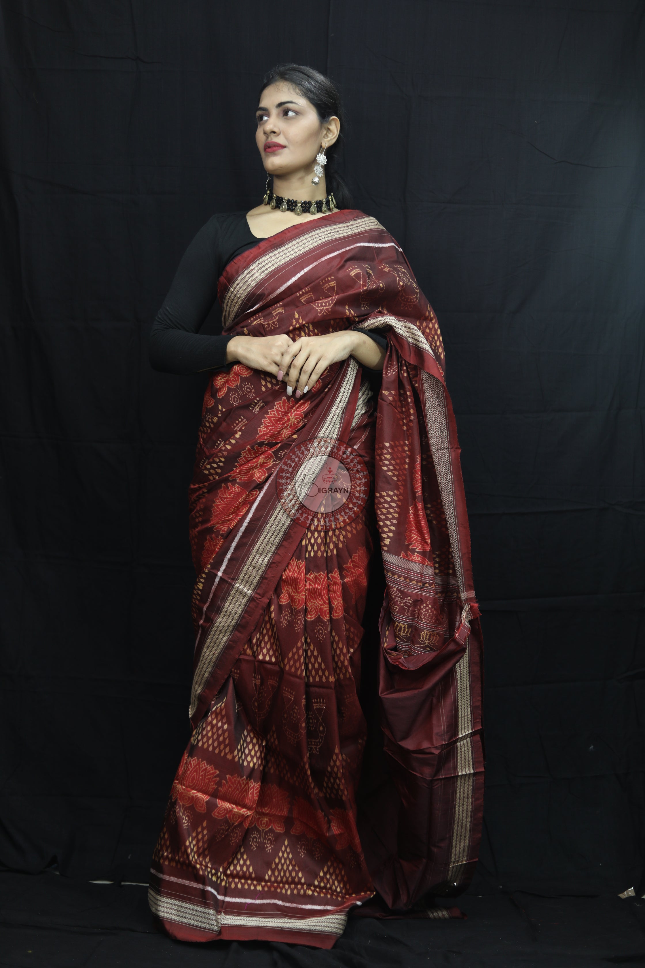 Brick Red Laxmi Pada Chitta Natural Dye Sambalpuri Silk Saree