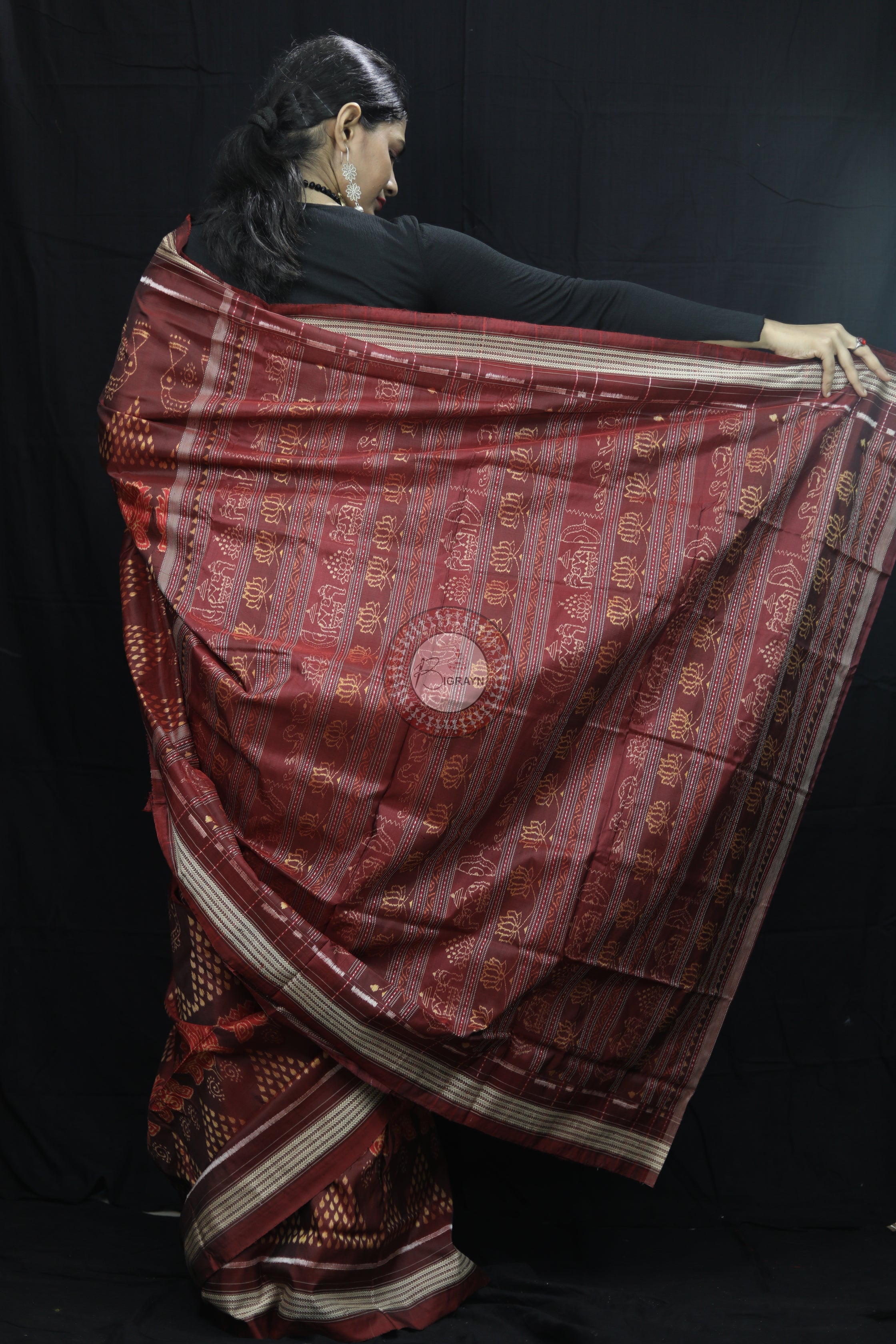 Brick Red Laxmi Pada Chitta Natural Dye Sambalpuri Silk Saree