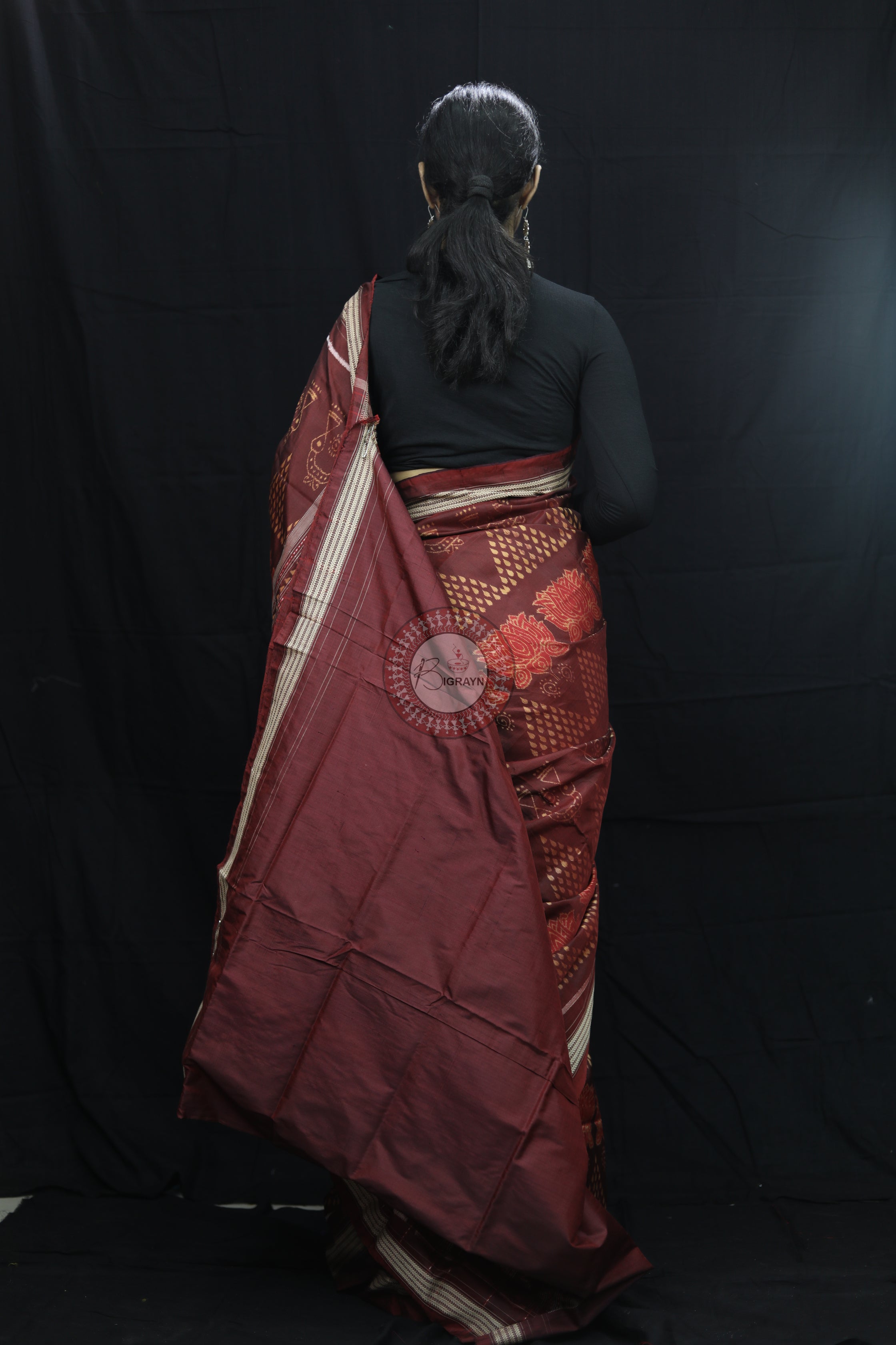 Brick Red Laxmi Pada Chitta Natural Dye Sambalpuri Silk Saree