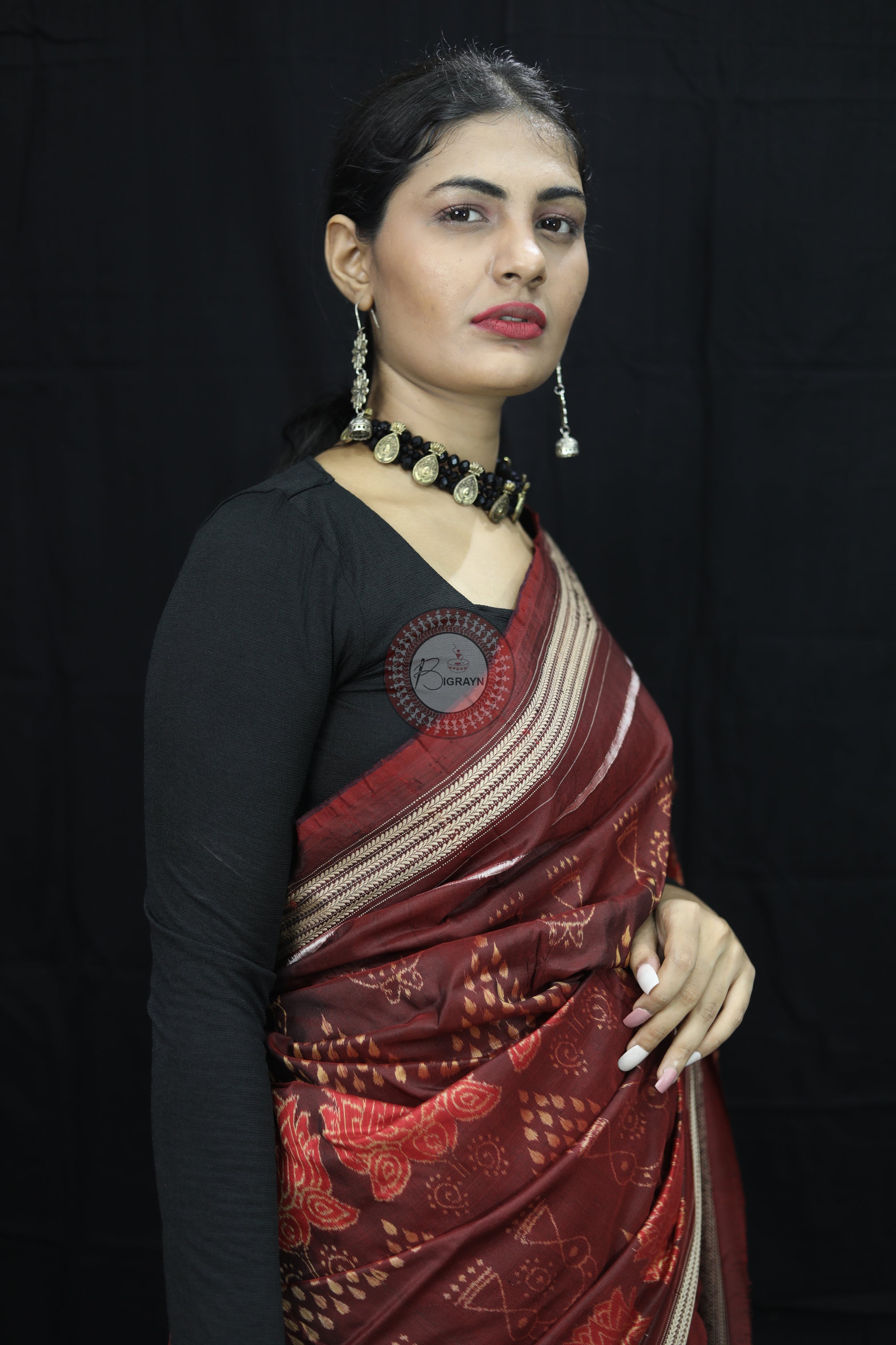 Brick Red Laxmi Pada Chitta Natural Dye Sambalpuri Silk Saree