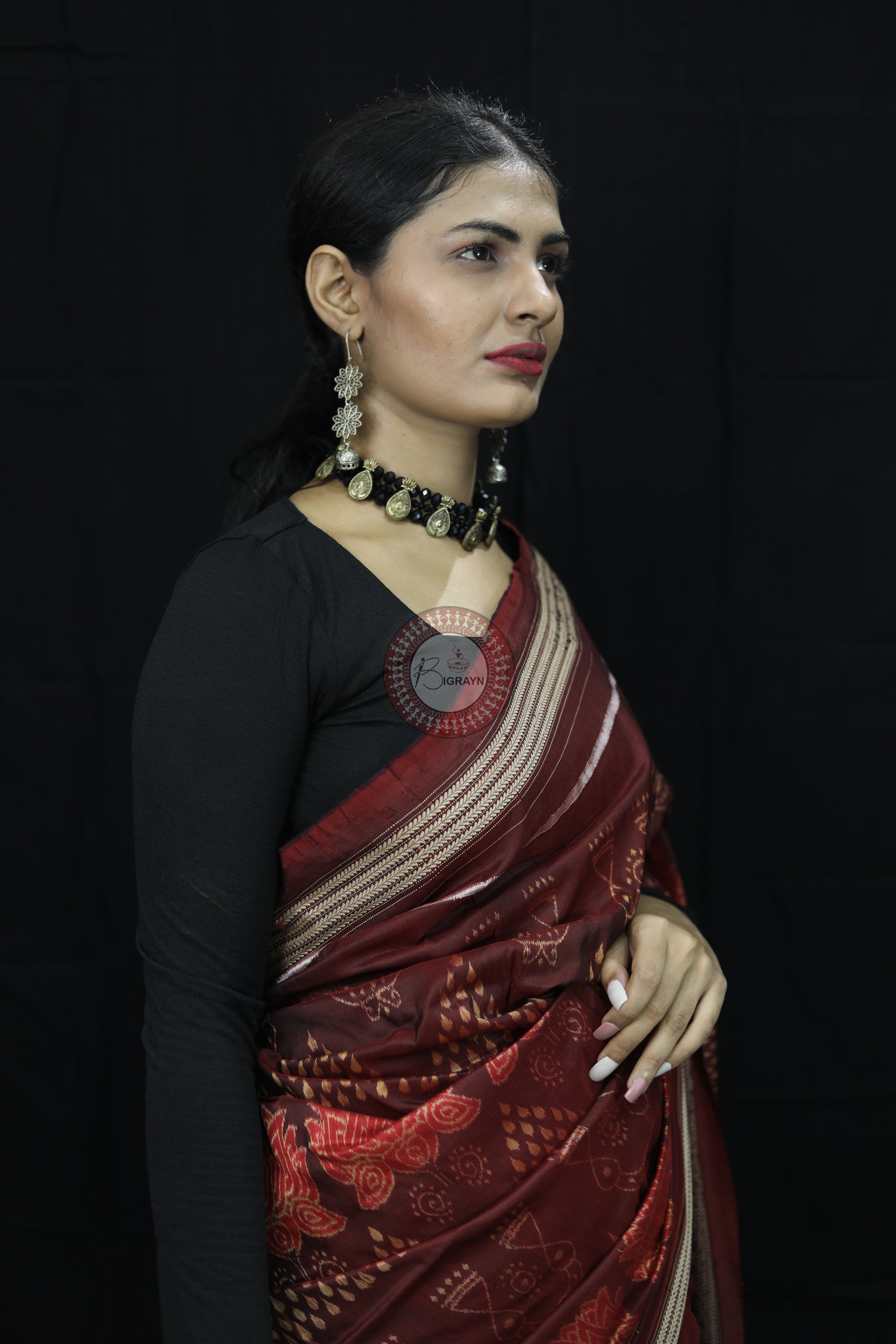 Brick Red Laxmi Pada Chitta Natural Dye Sambalpuri Silk Saree