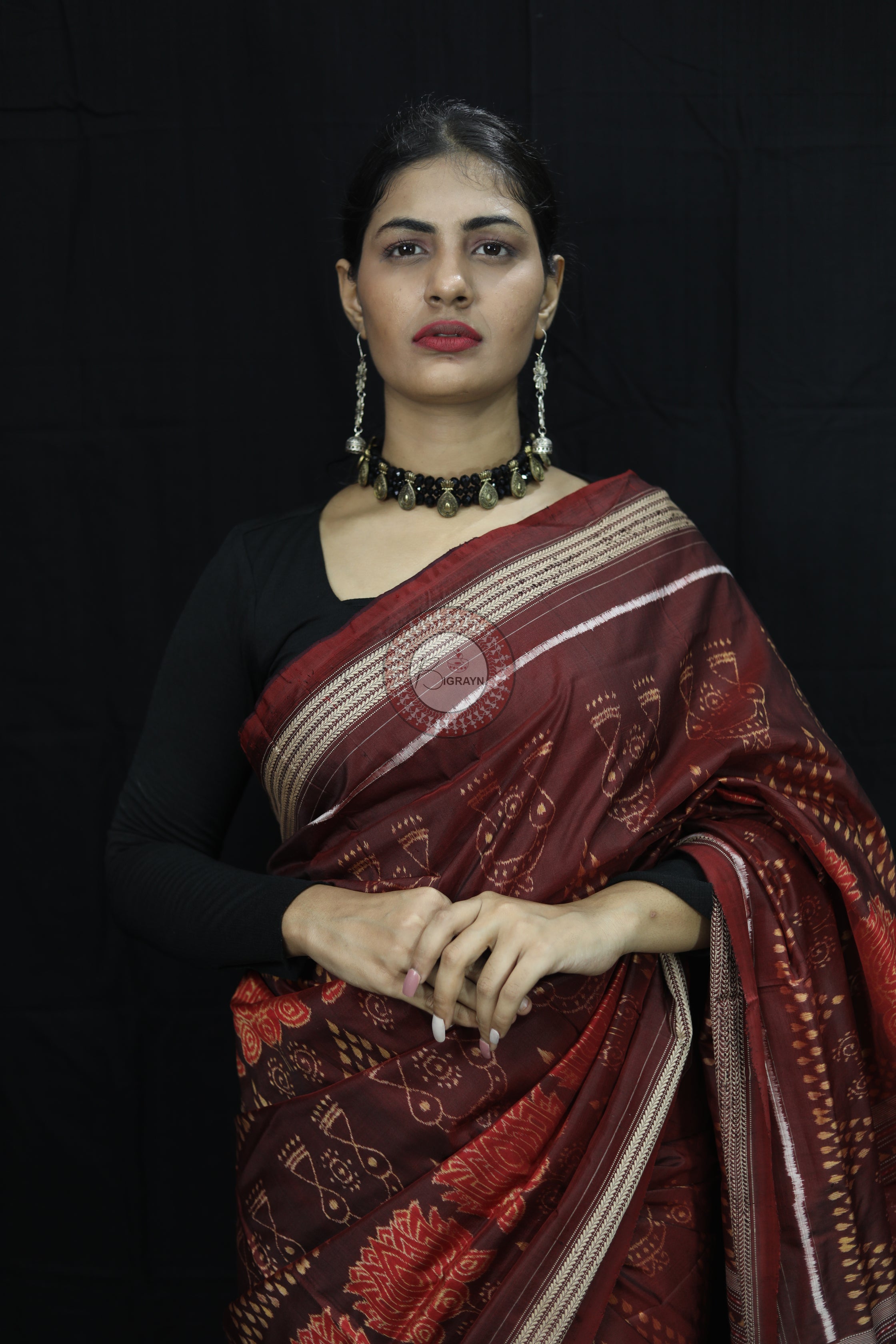 Brick Red Laxmi Pada Chitta Natural Dye Sambalpuri Silk Saree
