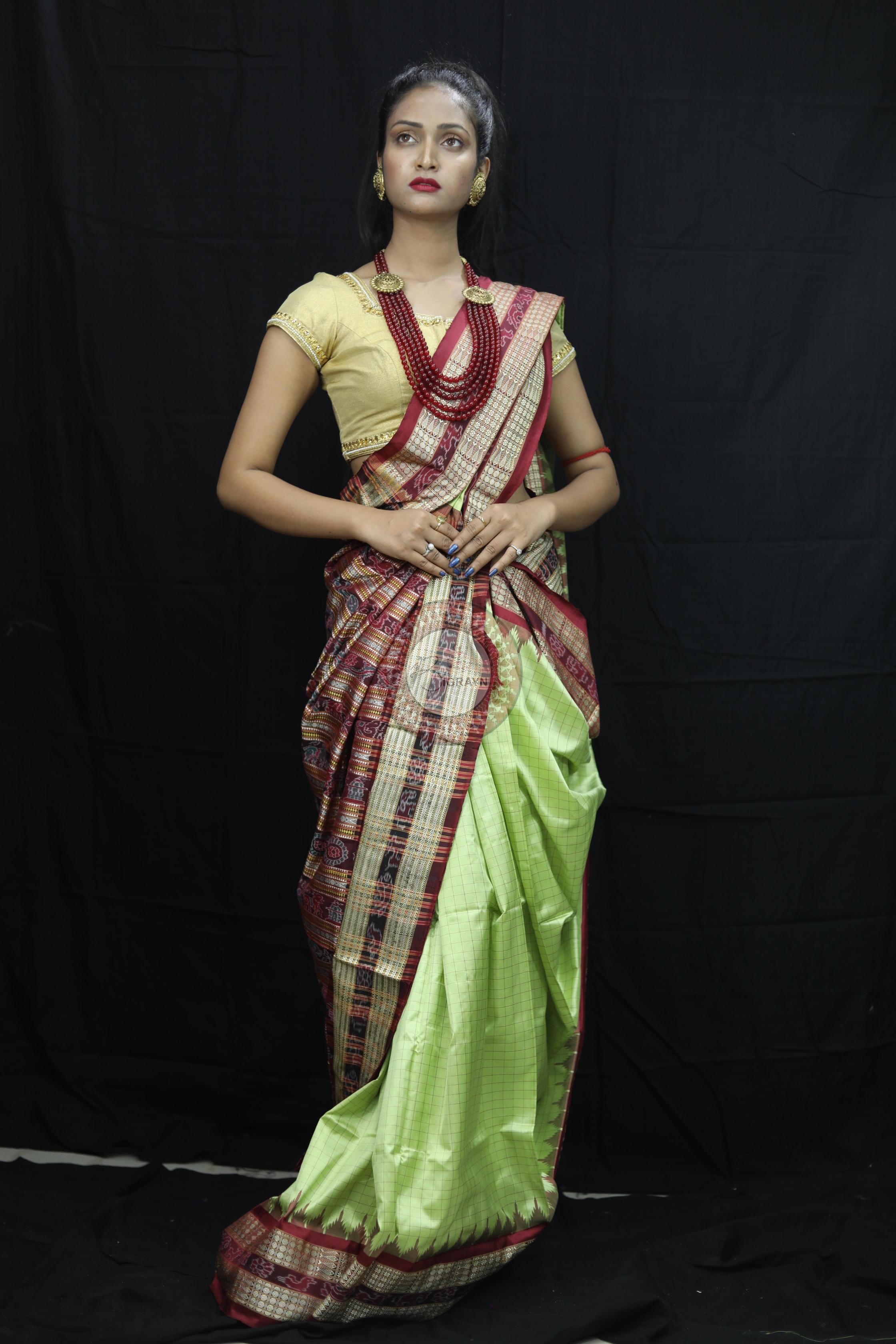 Pista Green Checks Sambalpuri Silk Saree