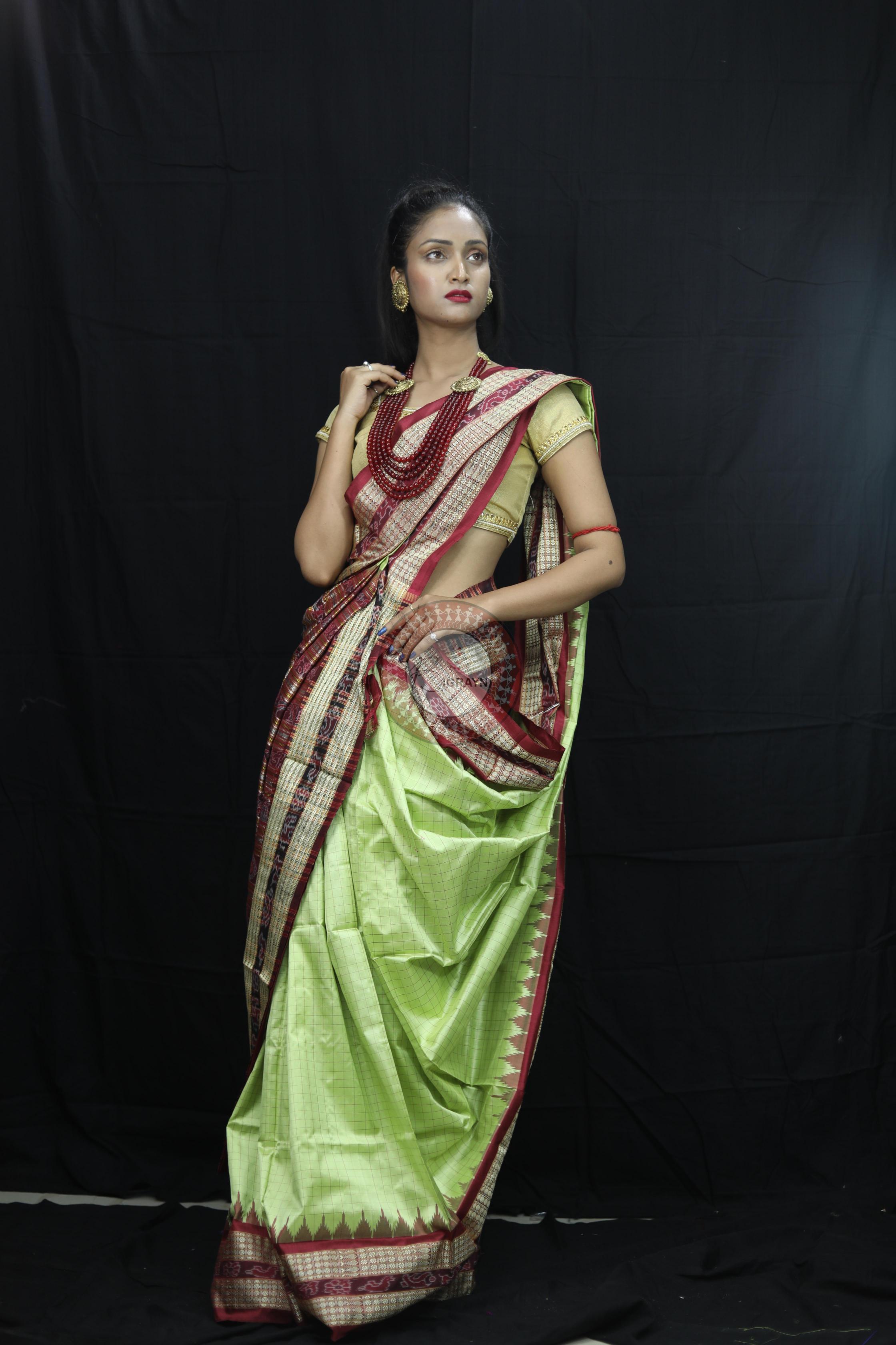 Pista Green Checks Sambalpuri Silk Saree