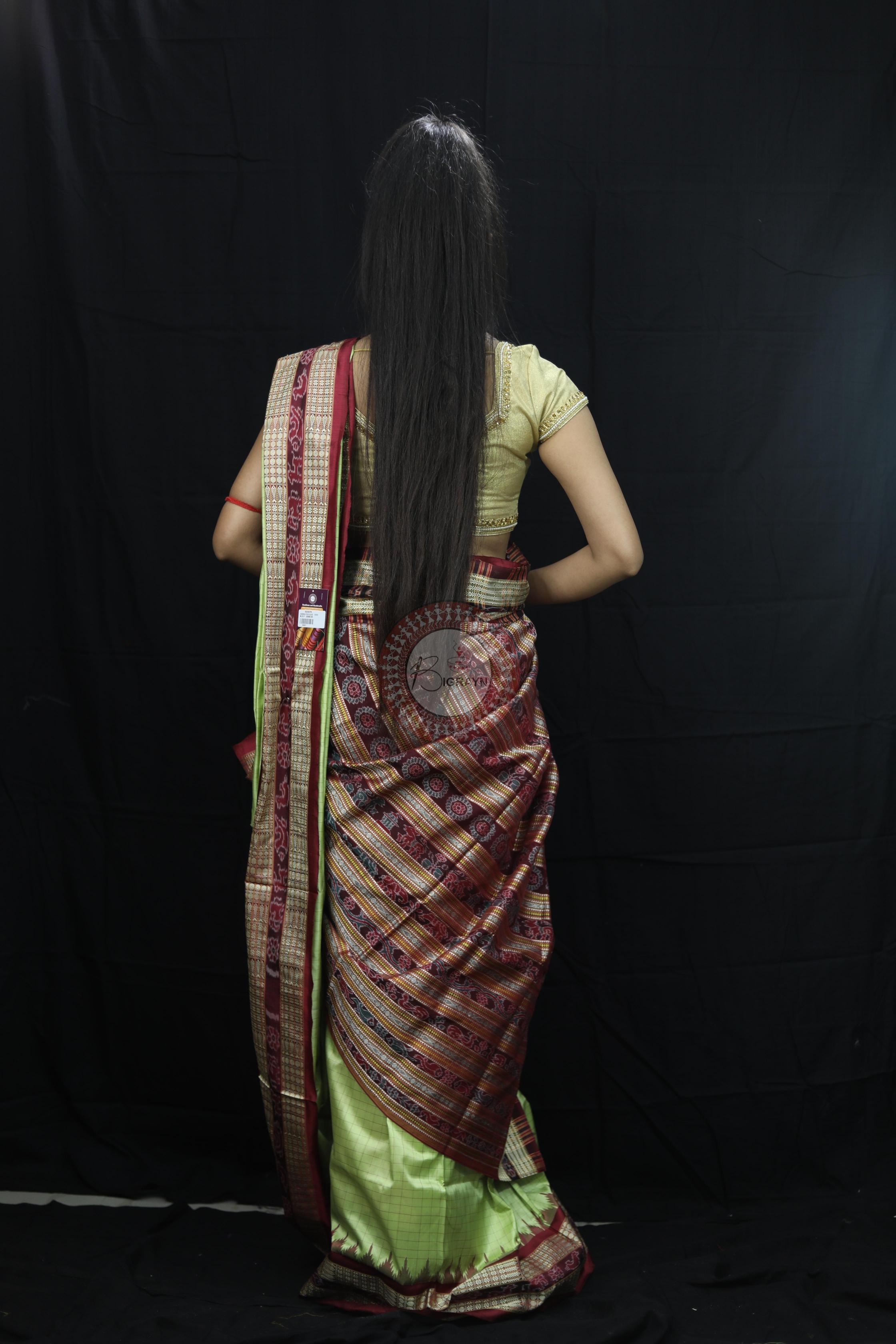 Pista Green Checks Sambalpuri Silk Saree
