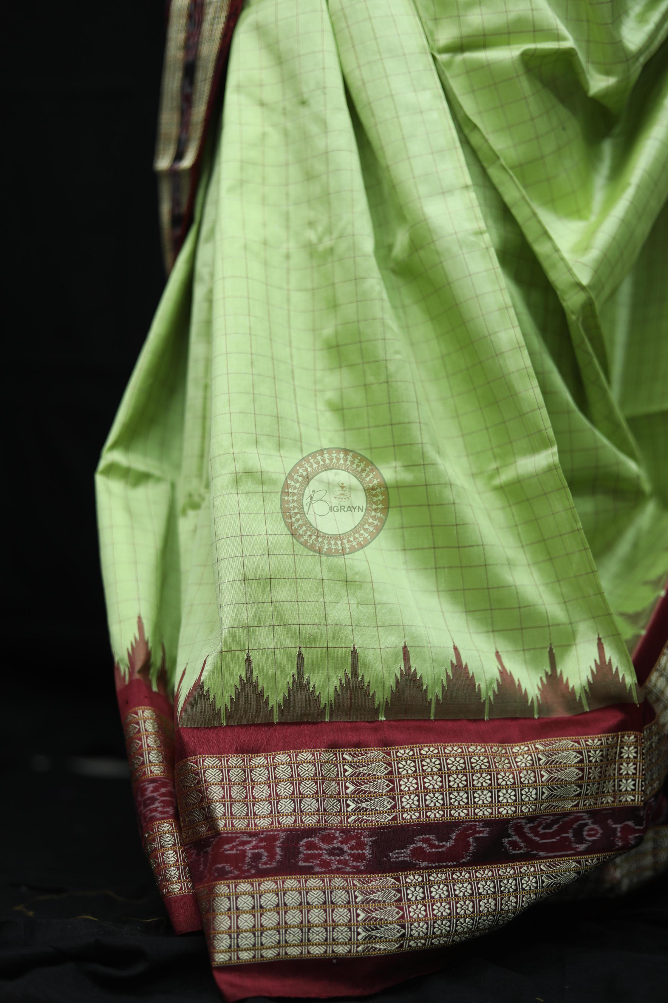 Pista Green Checks Sambalpuri Silk Saree