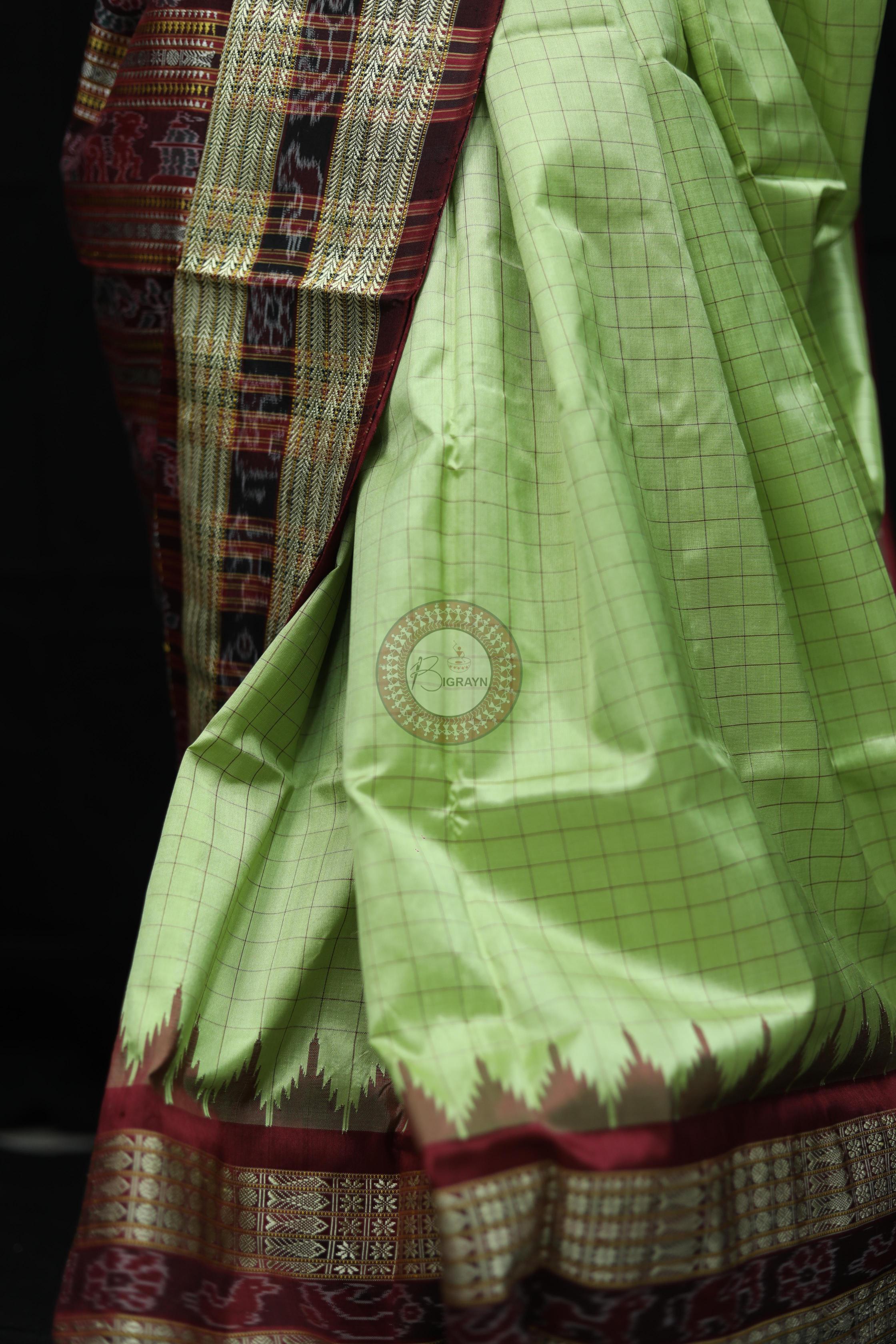 Pista Green Checks Sambalpuri Silk Saree
