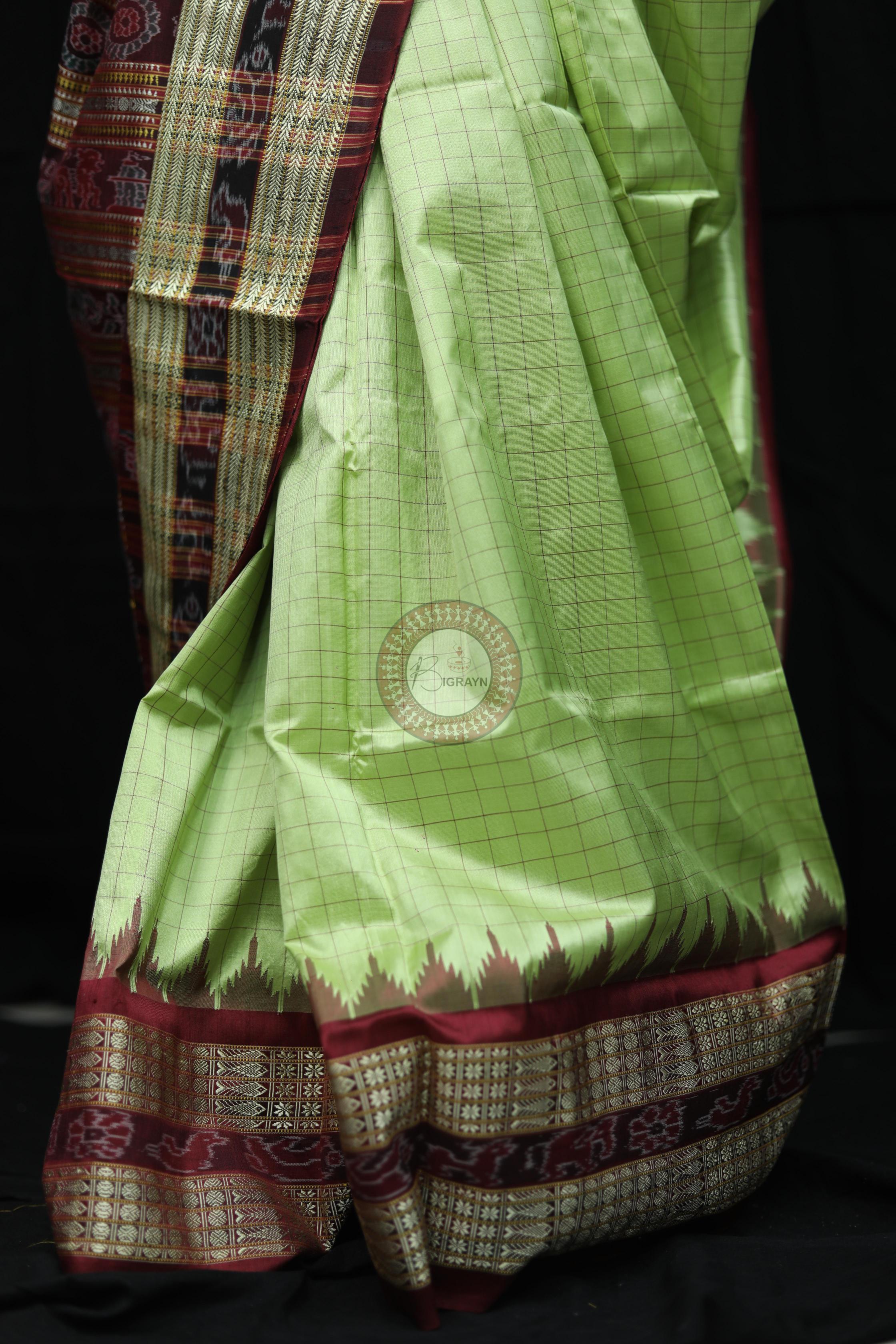 Pista Green Checks Sambalpuri Silk Saree