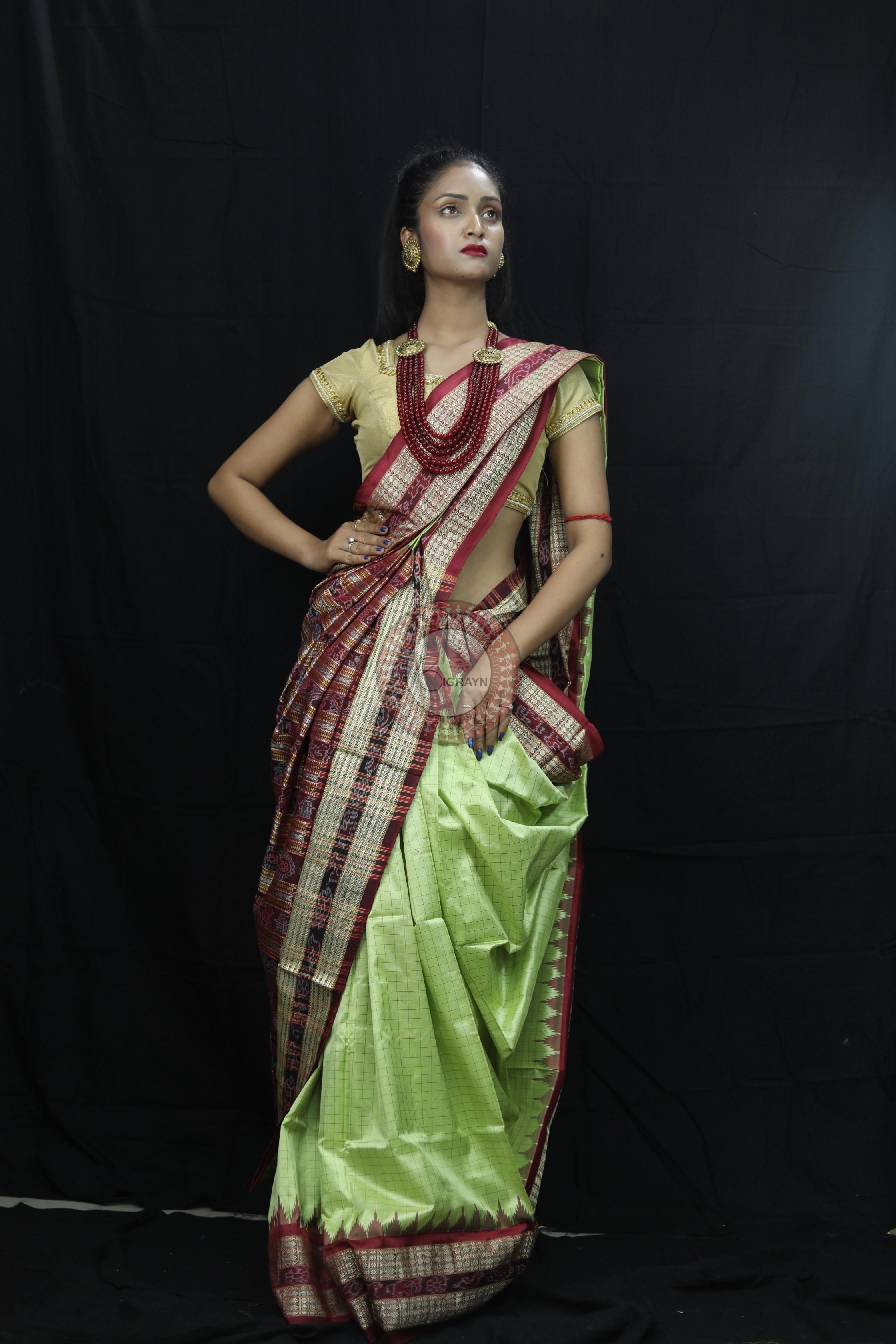 Pista Green Checks Sambalpuri Silk Saree